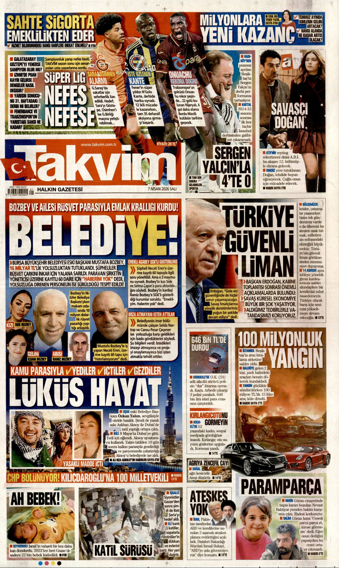 TAKVİM gazetesinin 7 Nisan 2026 tarihli birinci sayfası