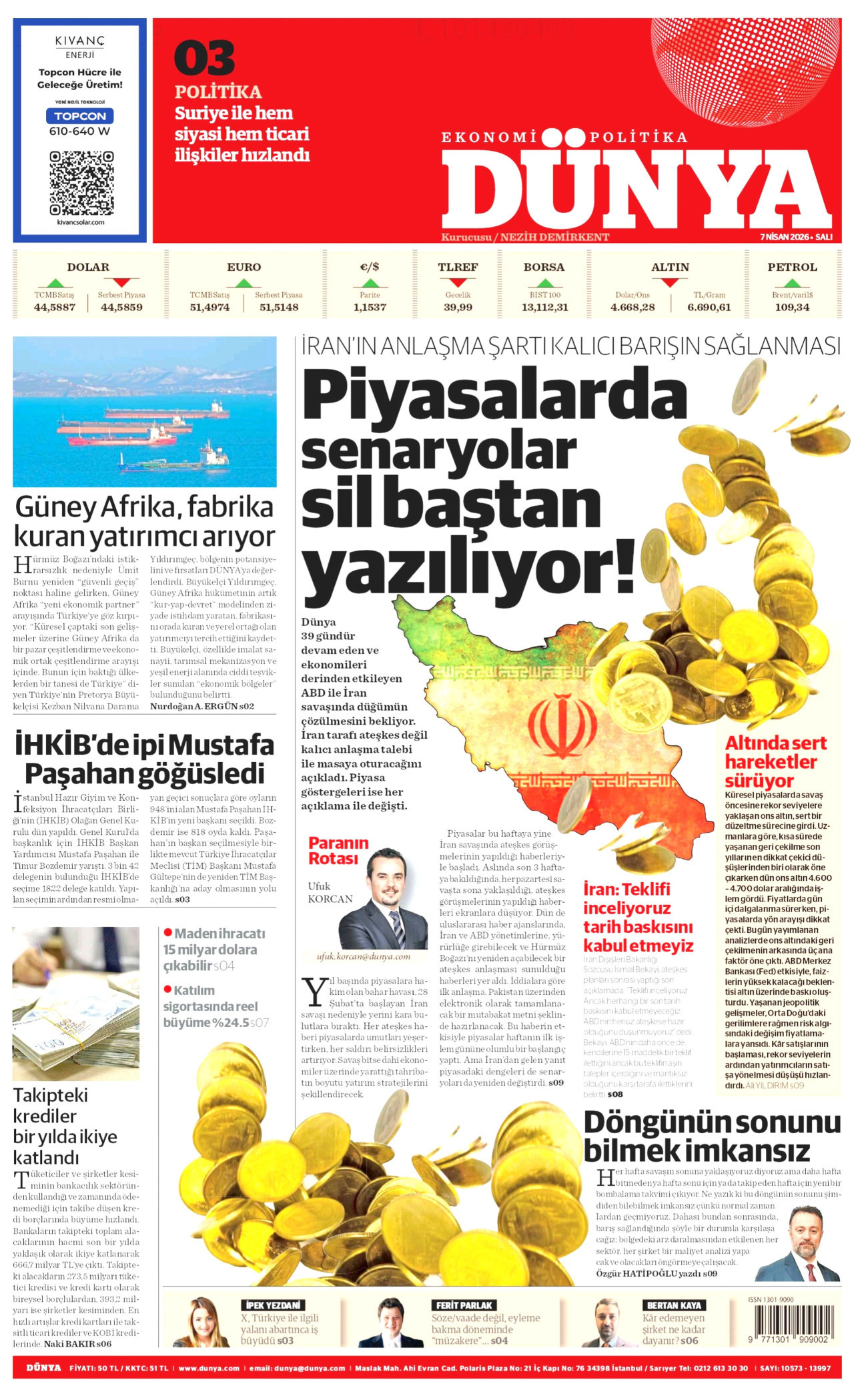 DÜNYA gazetesinin 7 Nisan 2026 tarihli birinci sayfası