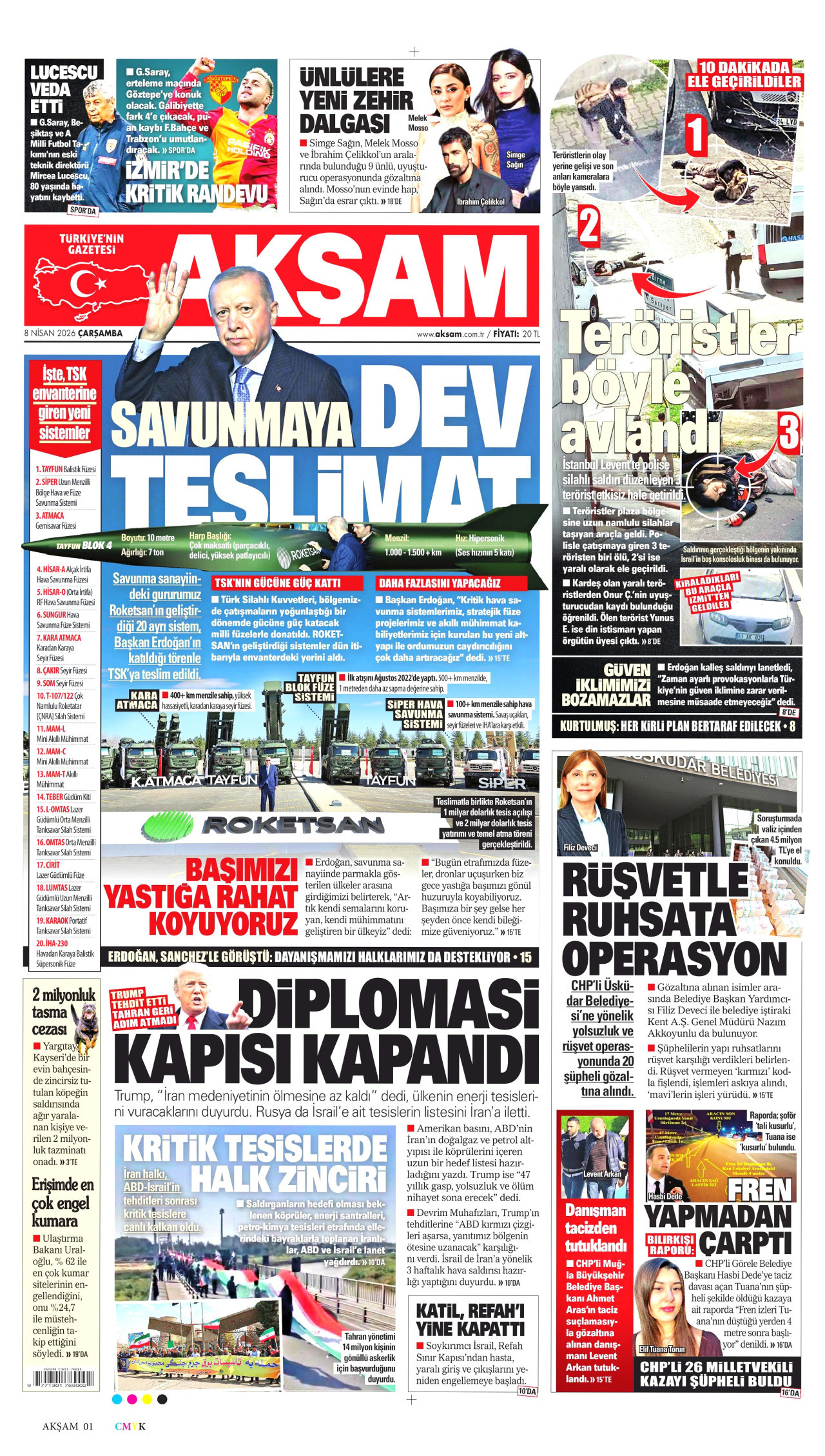 AKŞAM gazetesinin 8 Nisan 2026 tarihli birinci sayfası