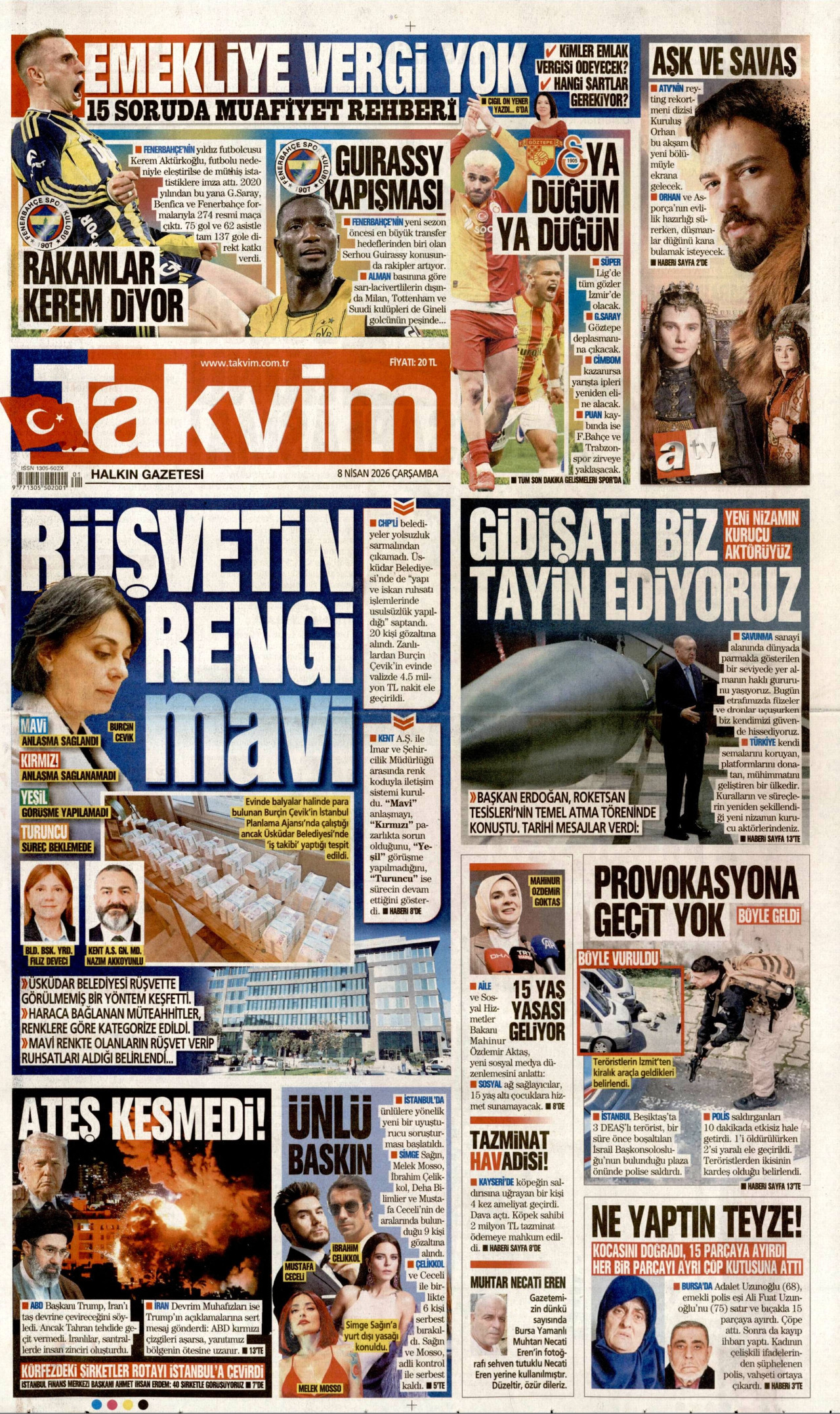 TAKVİM gazetesinin 8 Nisan 2026 tarihli birinci sayfası