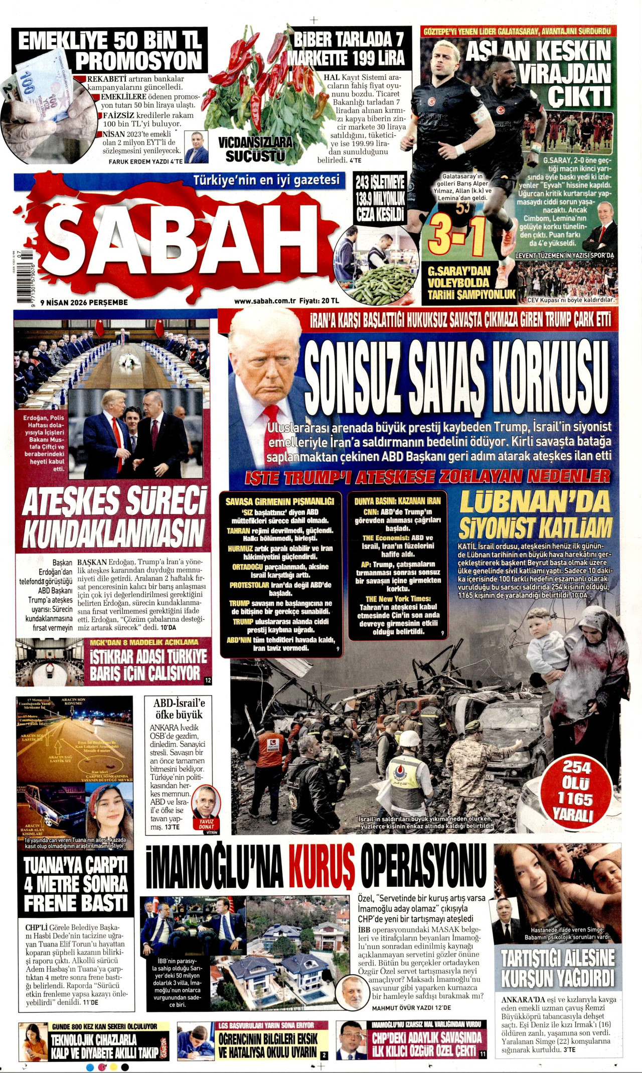 SABAH gazetesinin 9 Nisan 2026 tarihli birinci sayfası
