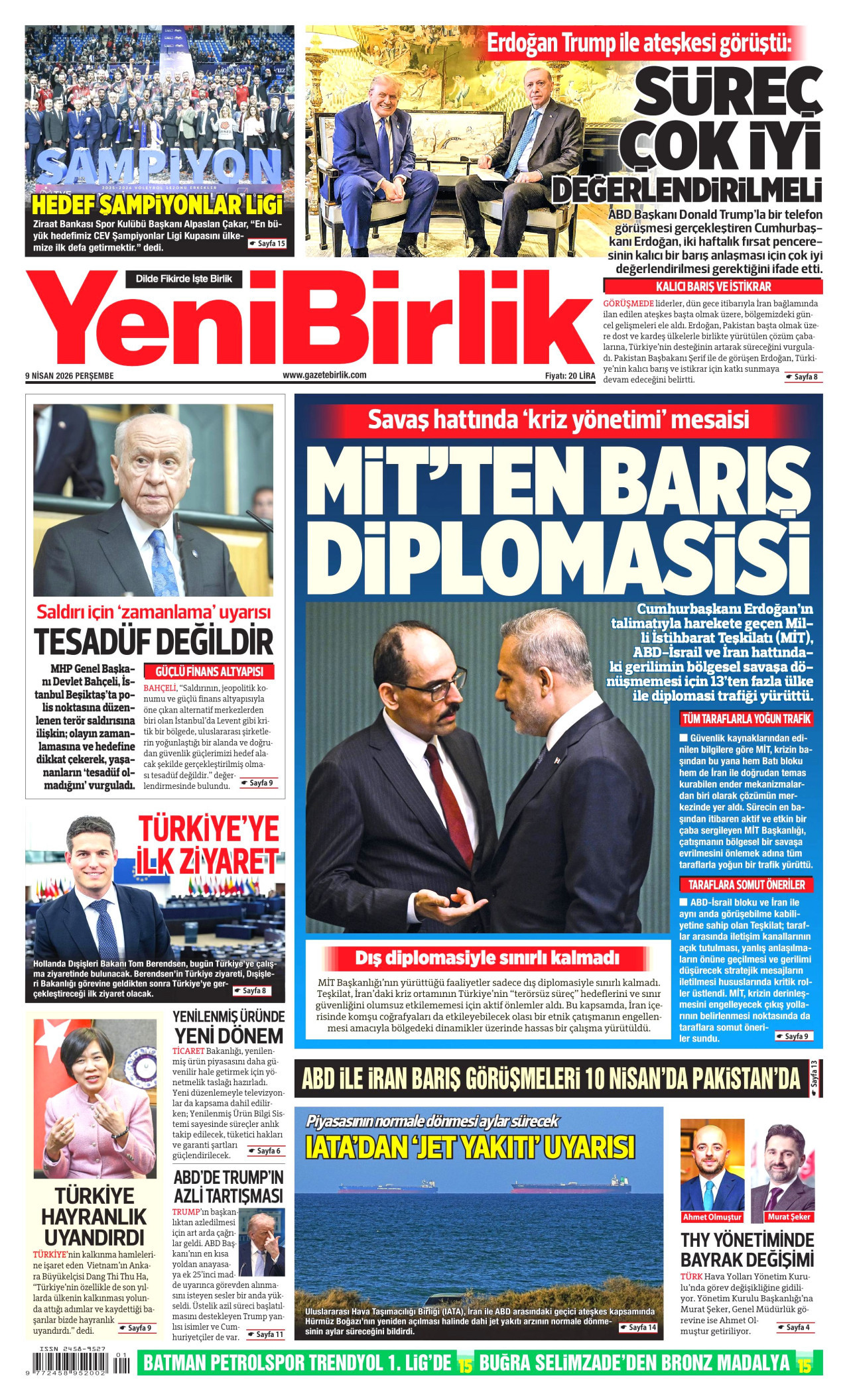 YENİBİRLİK gazetesinin 9 Nisan 2026 tarihli birinci sayfası