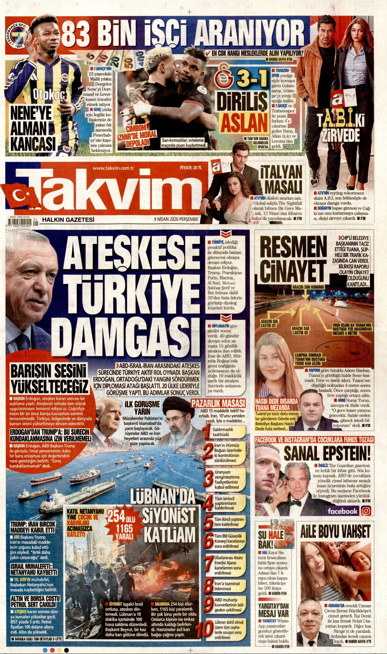 TAKVİM gazetesinin 9 Nisan 2026 tarihli birinci sayfası