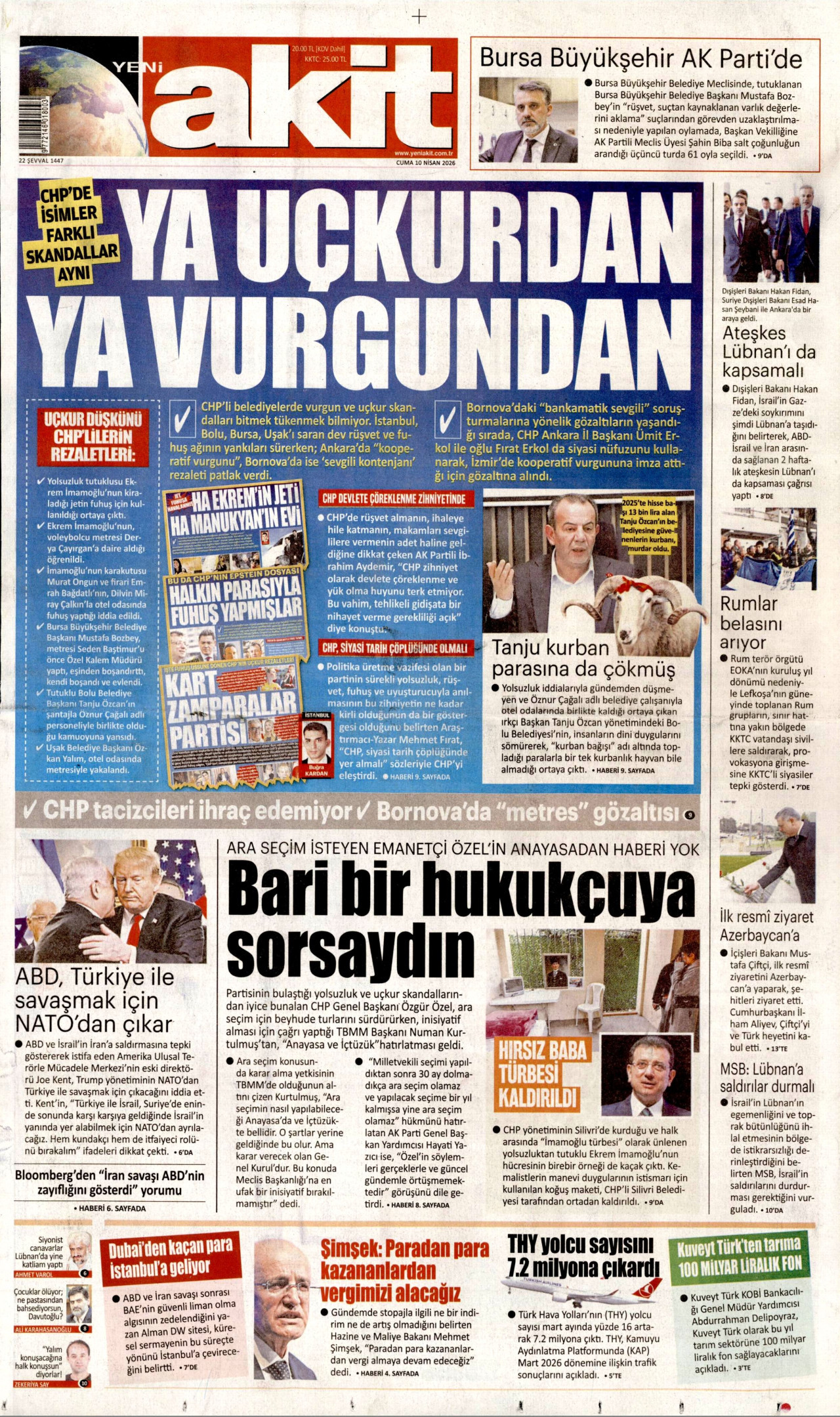 YENİ AKİT gazetesinin 10 Nisan 2026 tarihli birinci sayfası