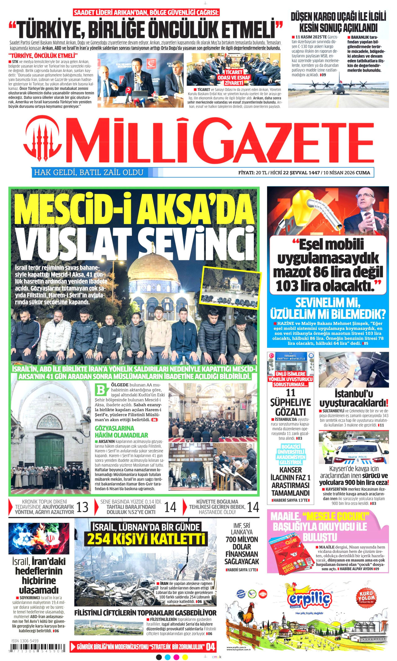MİLLİ GAZETE gazetesinin 10 Nisan 2026 tarihli birinci sayfası