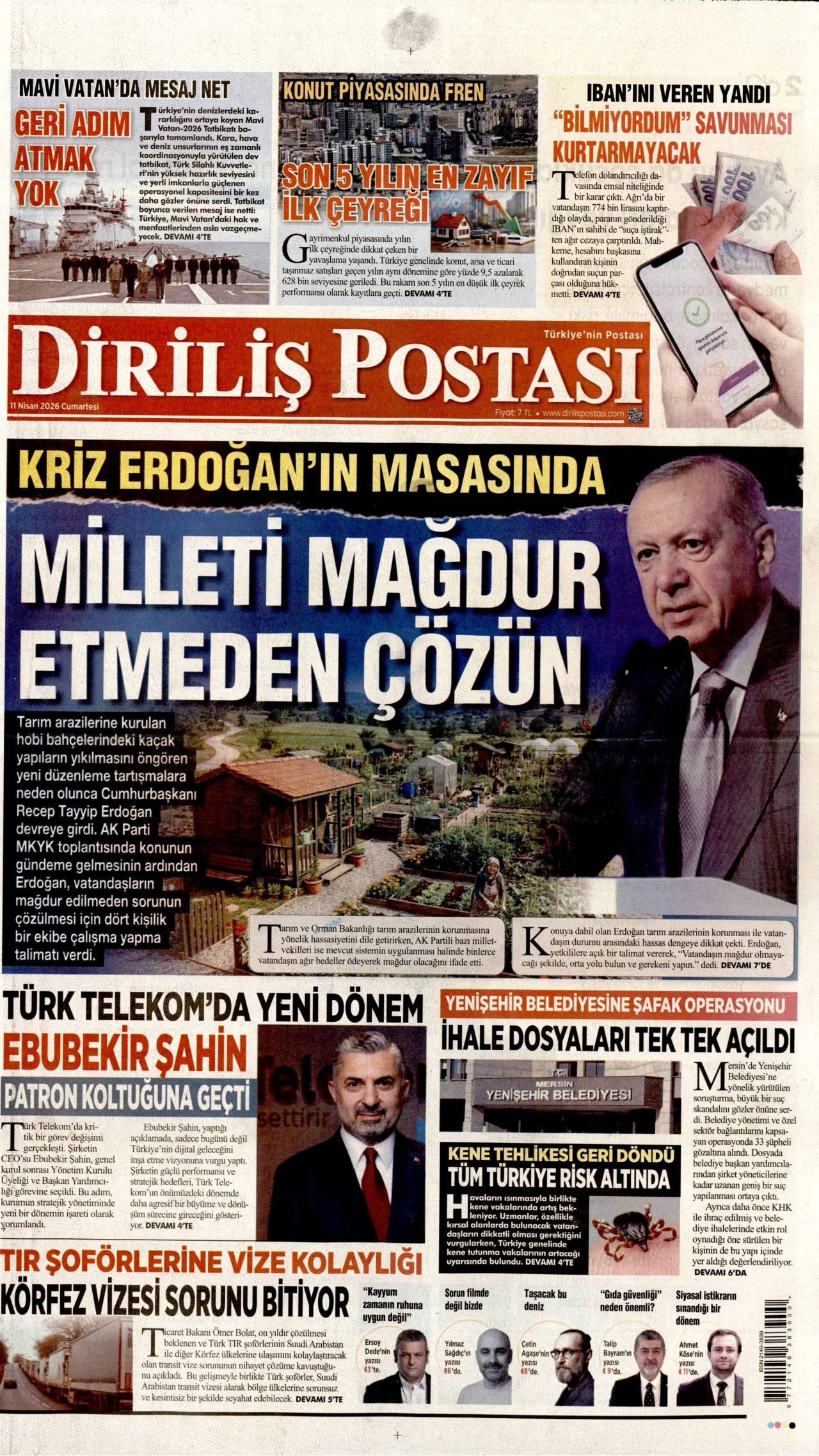 DİRİLİŞ POSTASI gazetesinin 11 Nisan 2026 tarihli birinci sayfası