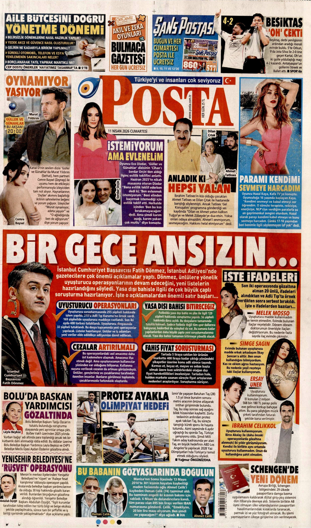 POSTA gazetesinin 11 Nisan 2026 tarihli birinci sayfası