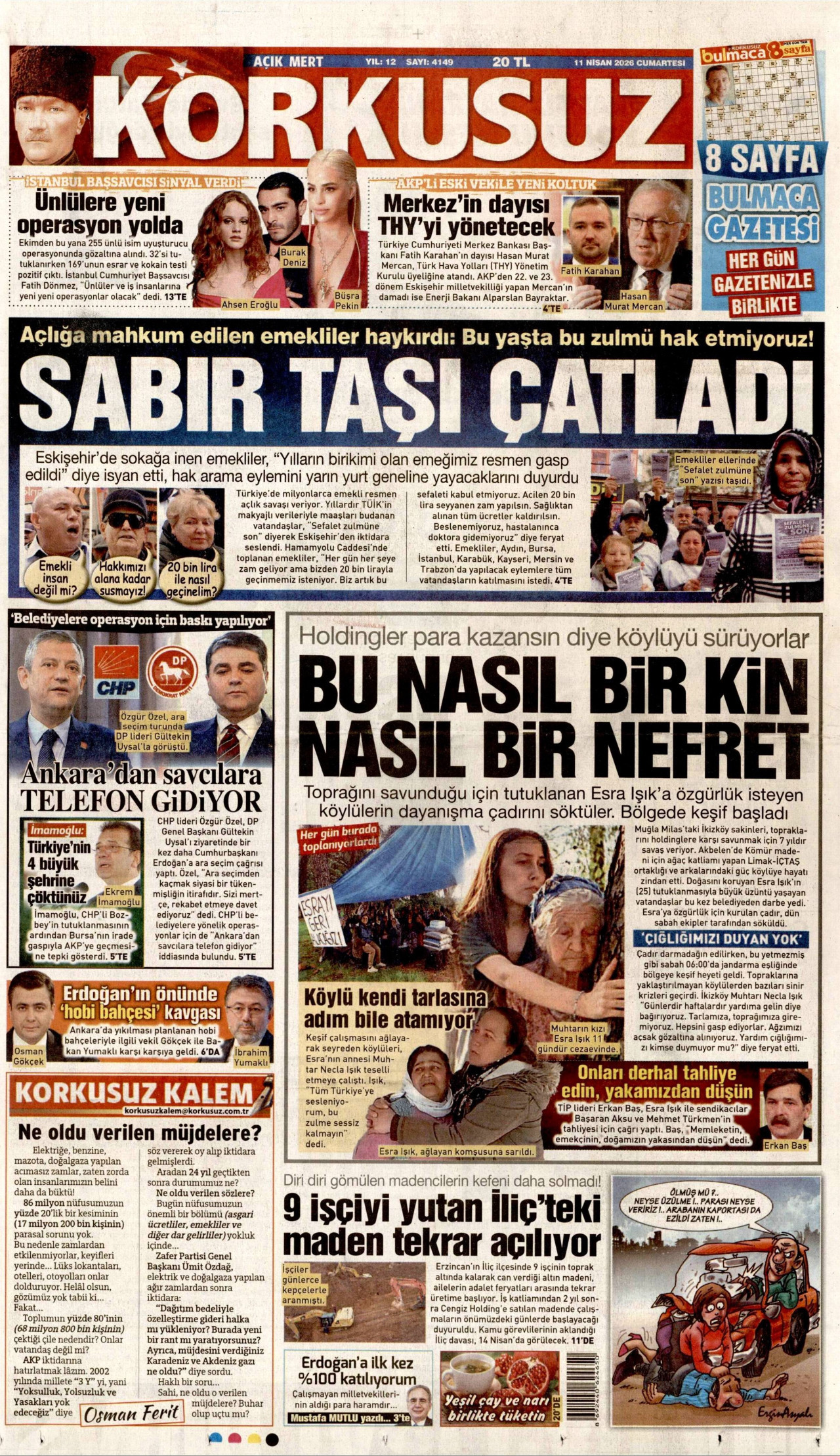 KORKUSUZ gazetesinin 11 Nisan 2026 tarihli birinci sayfası