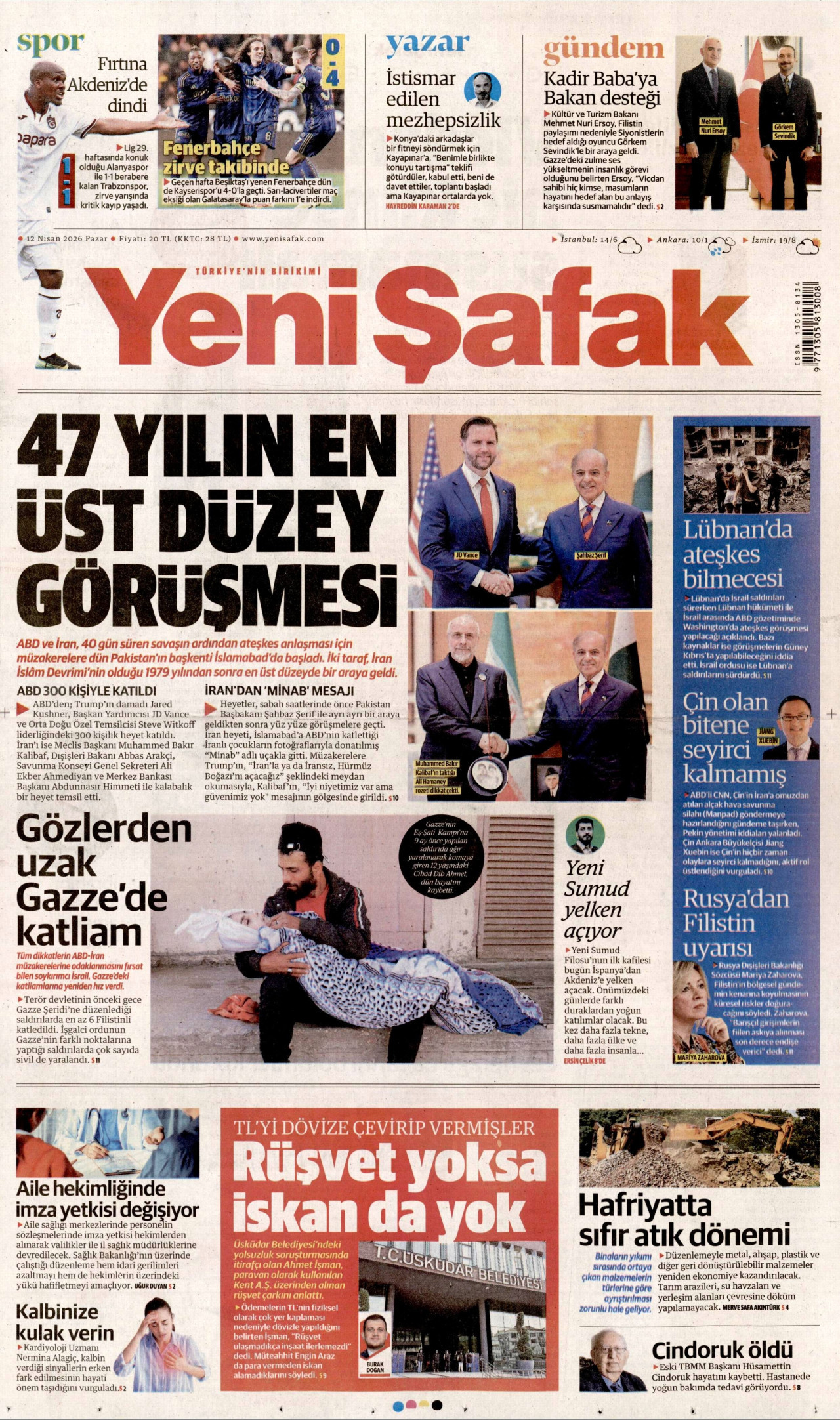 YENİ ŞAFAK gazetesinin 12 Nisan 2026 tarihli birinci sayfası