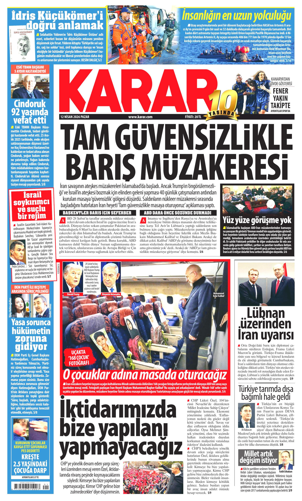KARAR gazetesinin 12 Nisan 2026 tarihli birinci sayfası