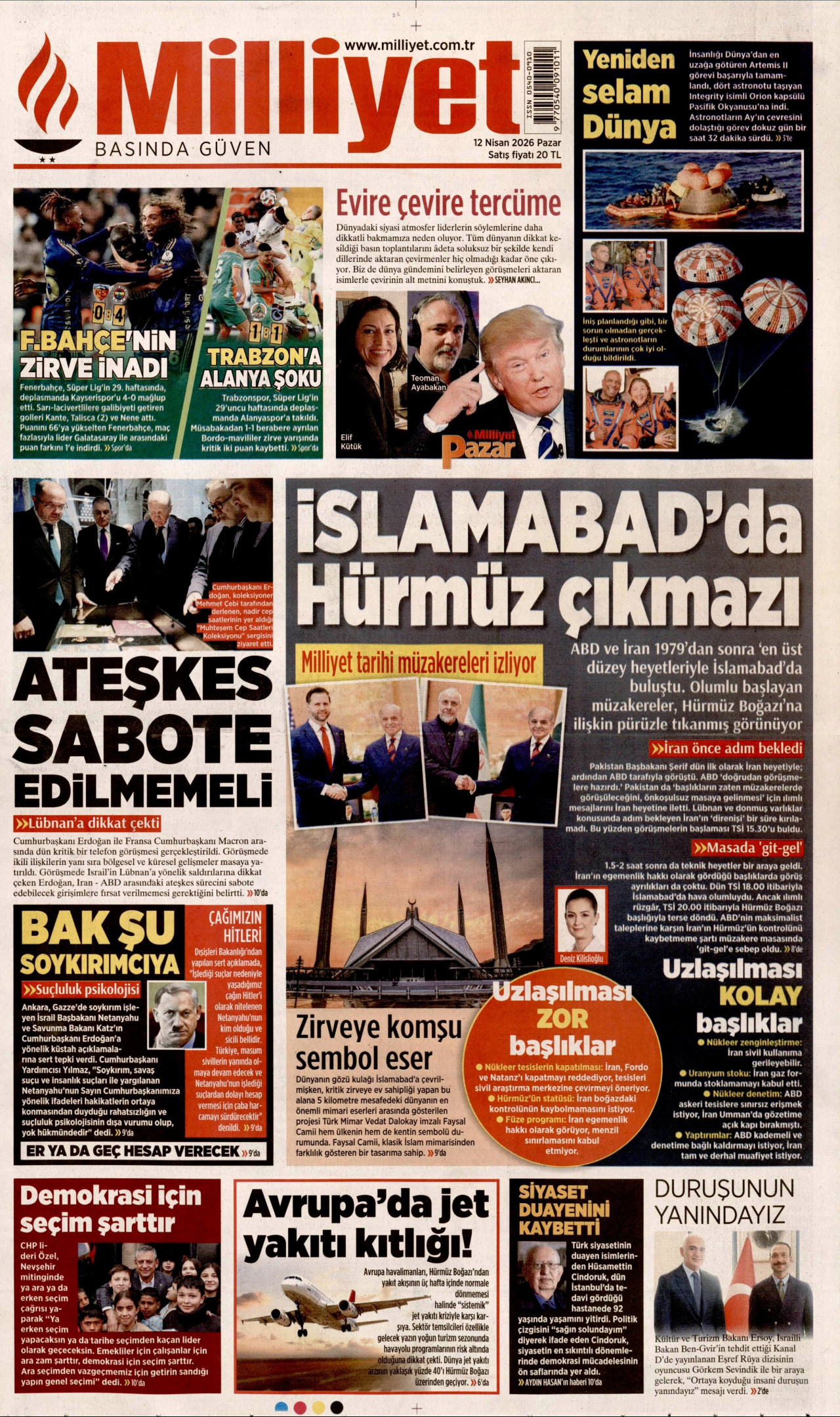 MİLLİYET gazetesinin 12 Nisan 2026 tarihli birinci sayfası