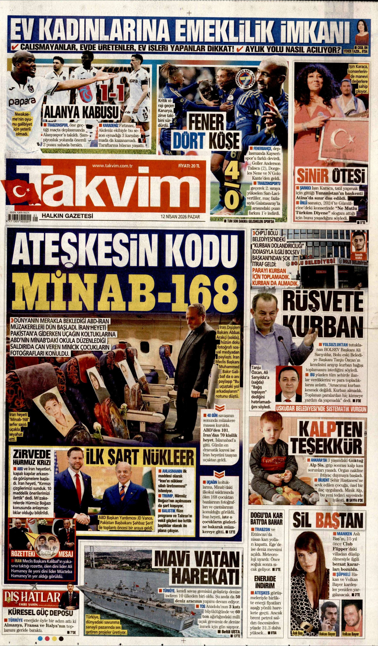 TAKVİM gazetesinin 12 Nisan 2026 tarihli birinci sayfası
