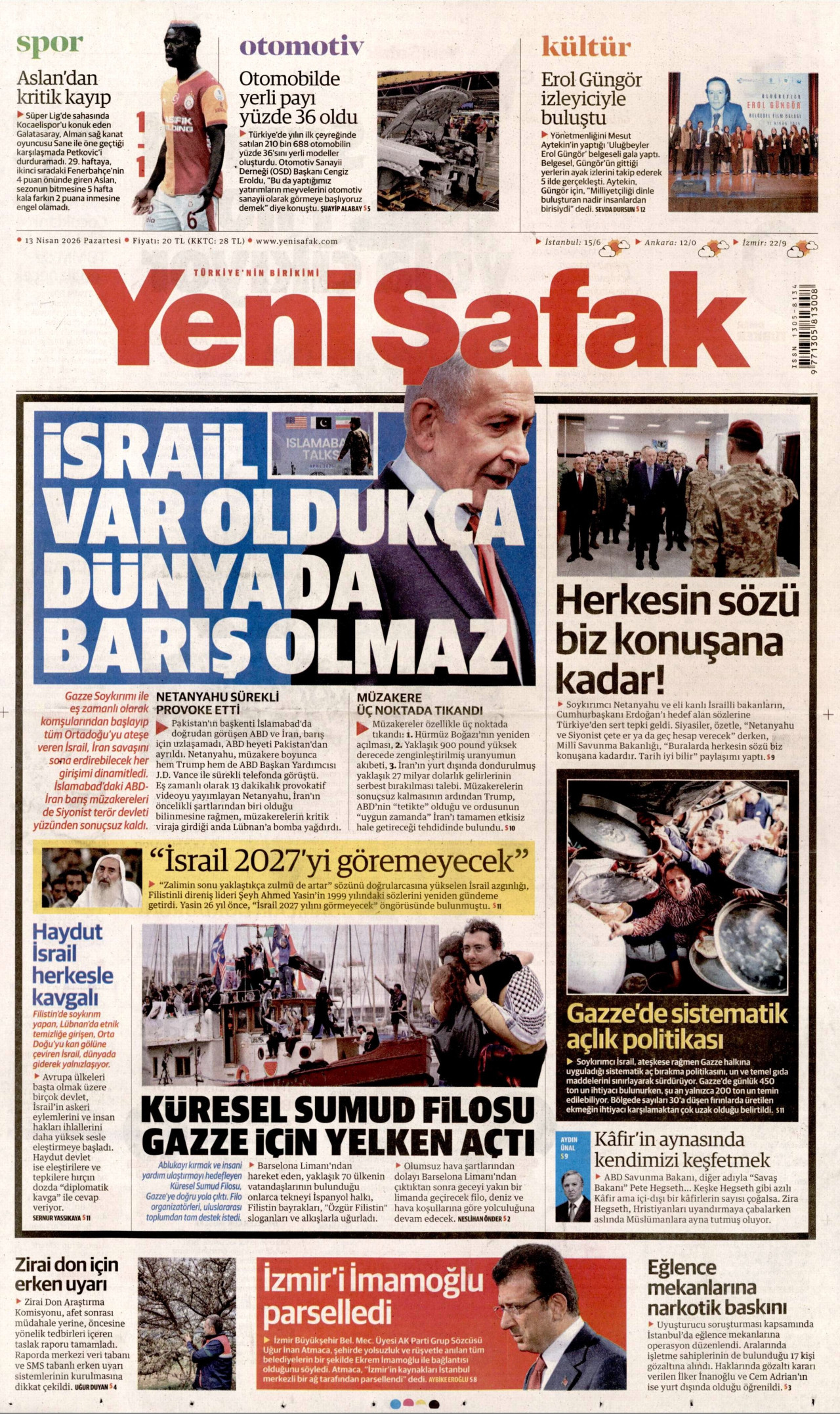 YENİ ŞAFAK gazetesinin 13 Nisan 2026 tarihli birinci sayfası