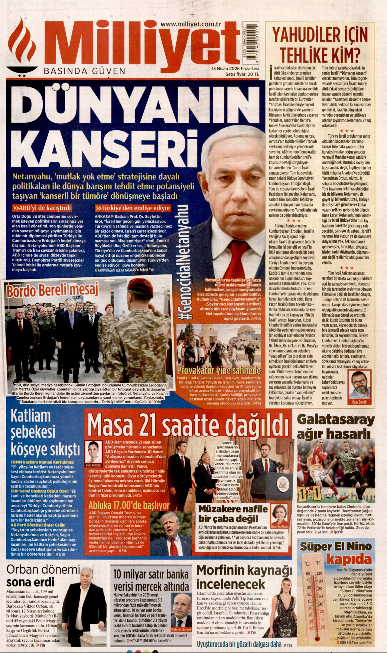 MİLLİYET gazetesinin 13 Nisan 2026 tarihli birinci sayfası