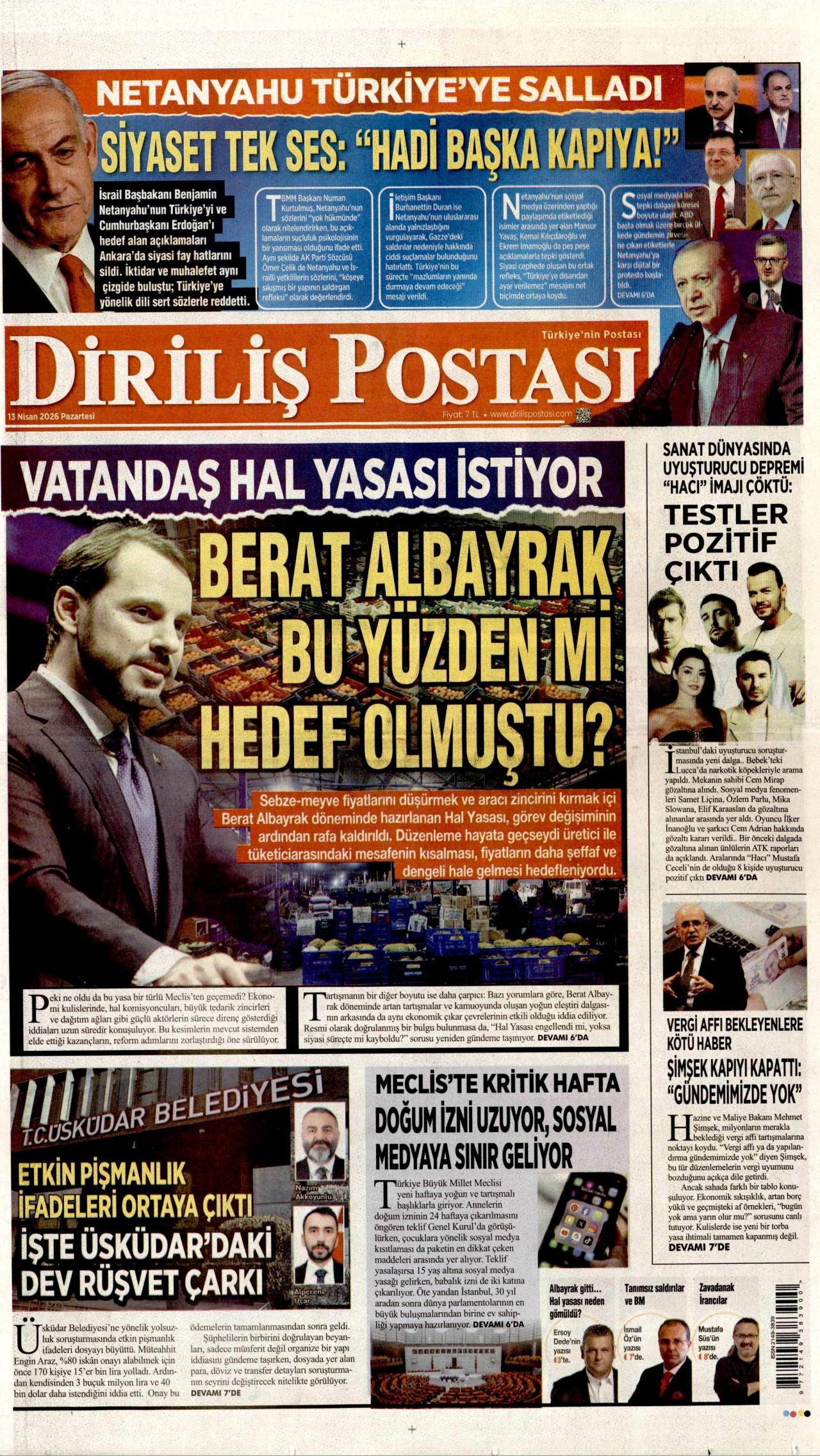 DİRİLİŞ POSTASI gazetesinin 13 Nisan 2026 tarihli birinci sayfası