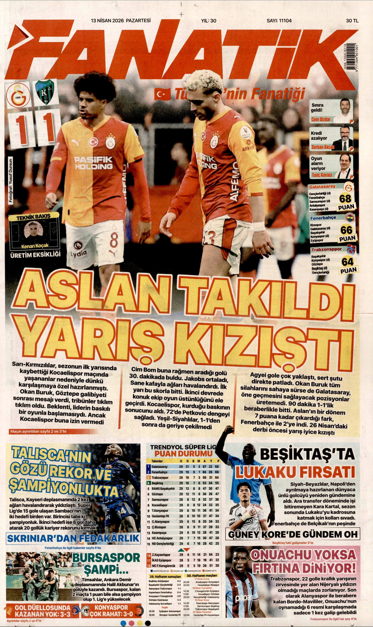 FANATİK gazetesinin 13 Nisan 2026 tarihli birinci sayfası
