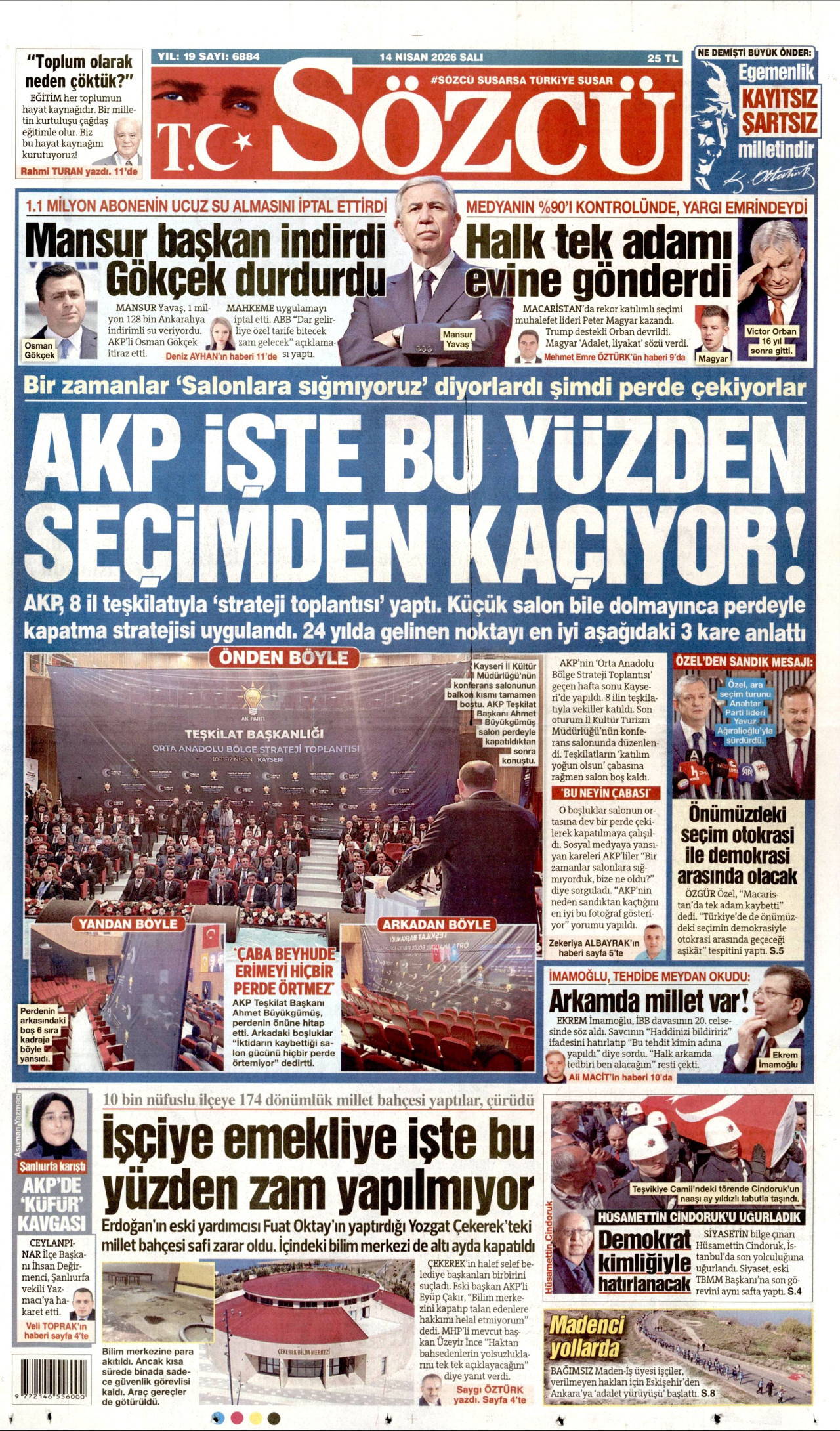 SÖZCÜ gazetesinin 14 Nisan 2026 tarihli birinci sayfası