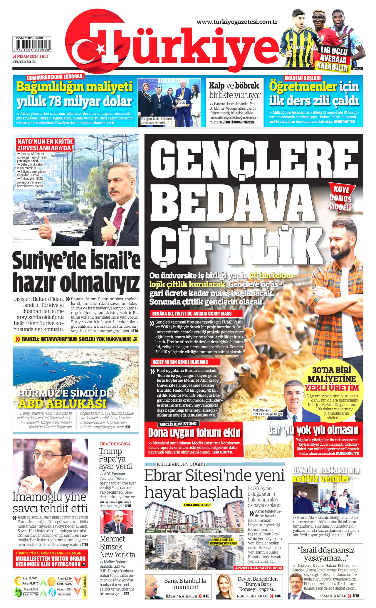 TÜRKİYE GAZETESİ gazetesinin 14 Nisan 2026 tarihli birinci sayfası