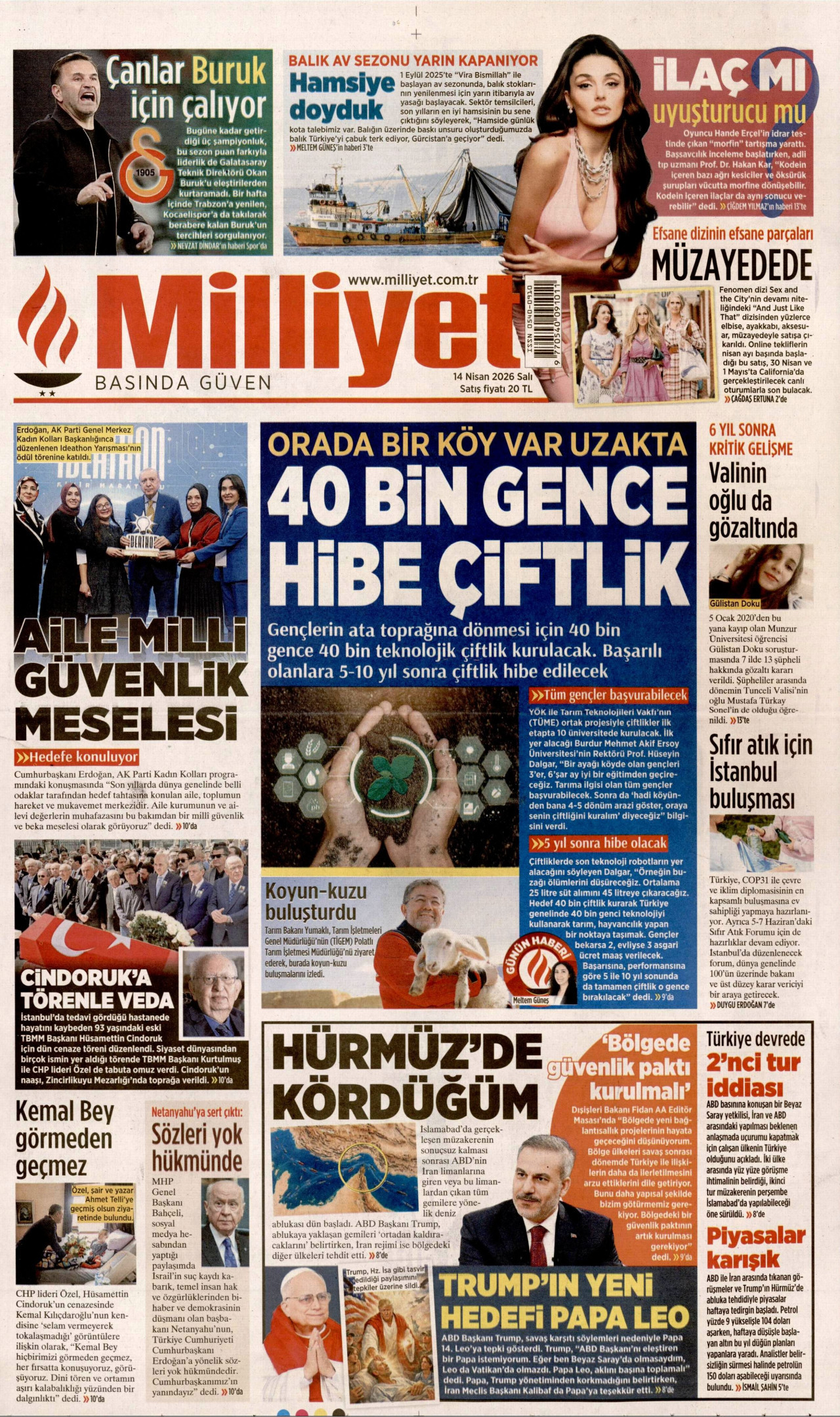 MİLLİYET gazetesinin 14 Nisan 2026 tarihli birinci sayfası