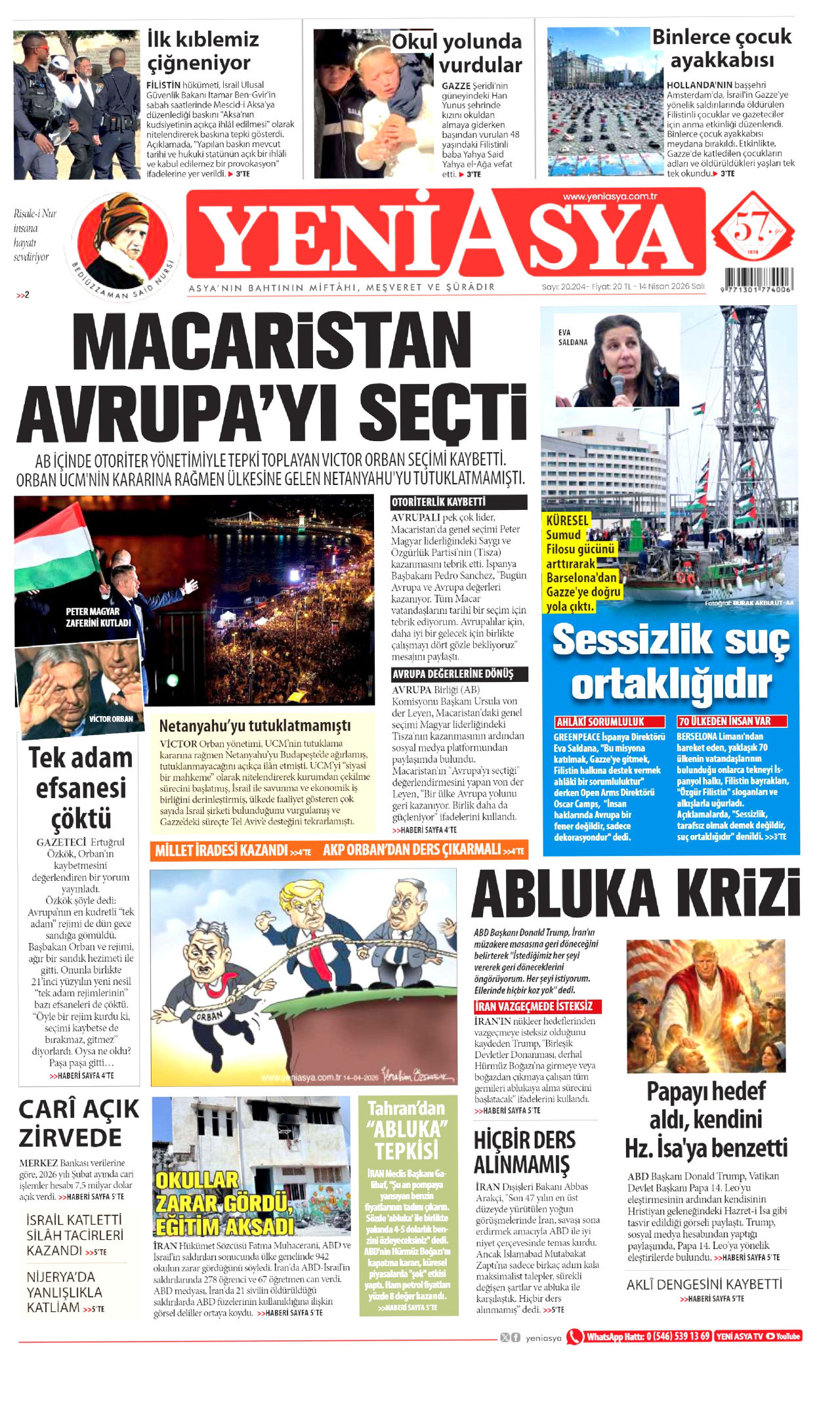 YENİ ASYA gazetesinin 14 Nisan 2026 tarihli birinci sayfası