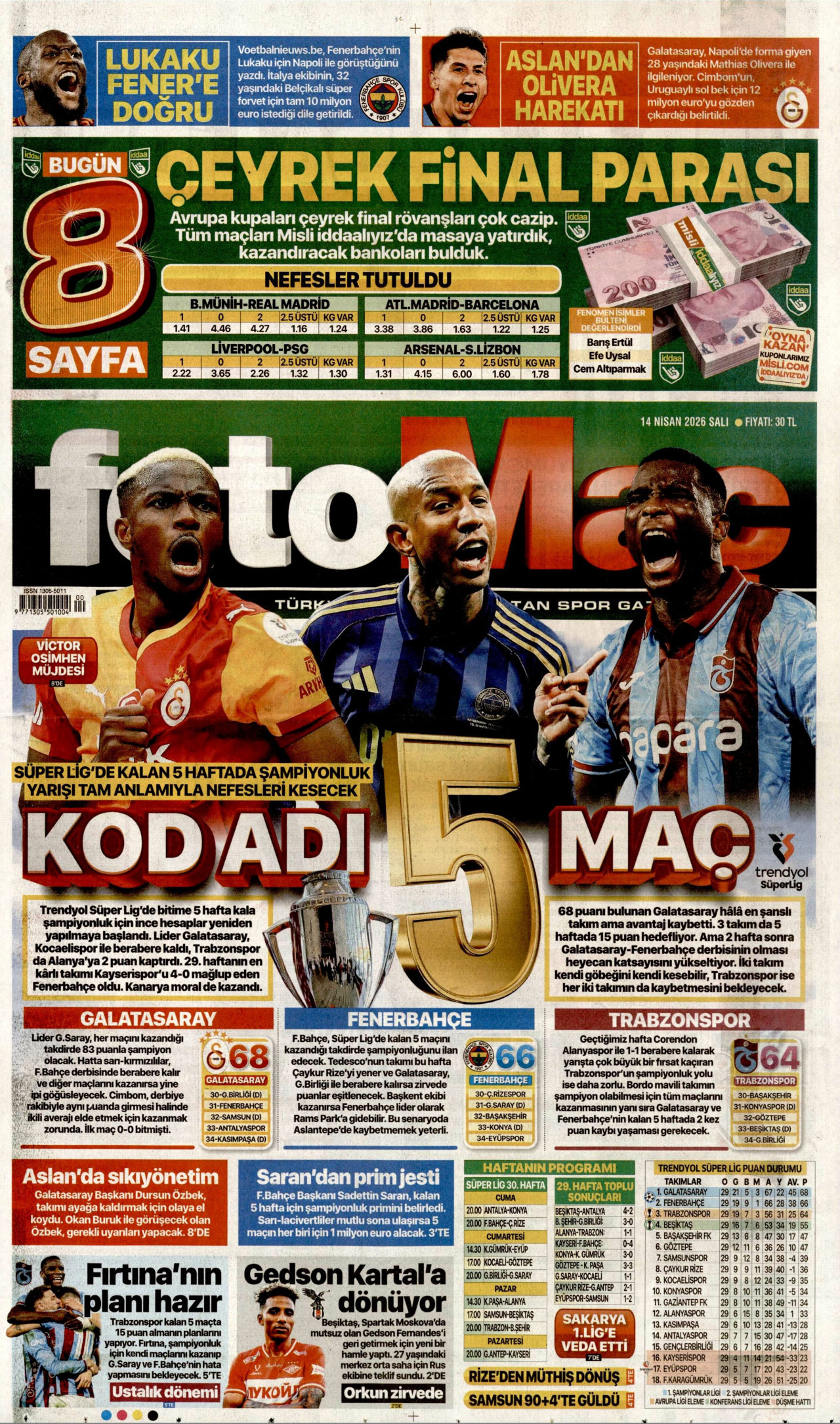 FOTOMAÇ gazetesinin 14 Nisan 2026 tarihli birinci sayfası