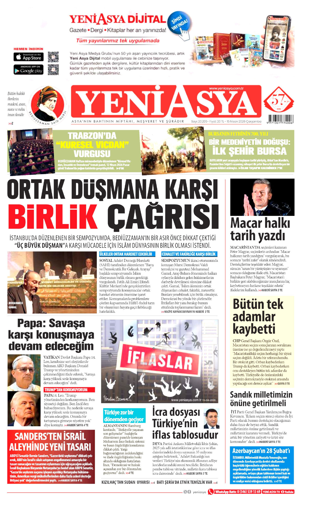YENİ ASYA gazetesinin 15 Nisan 2026 tarihli birinci sayfası