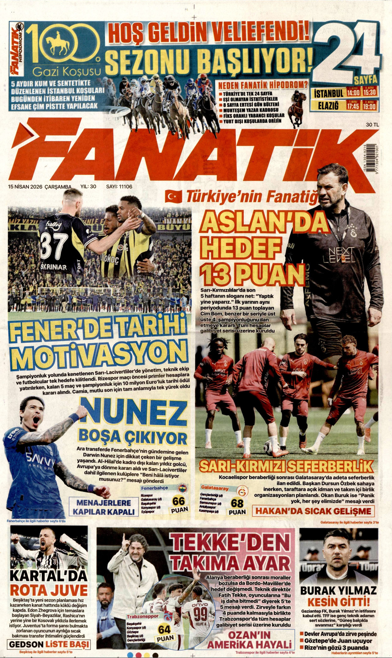 FANATİK gazetesinin 15 Nisan 2026 tarihli birinci sayfası