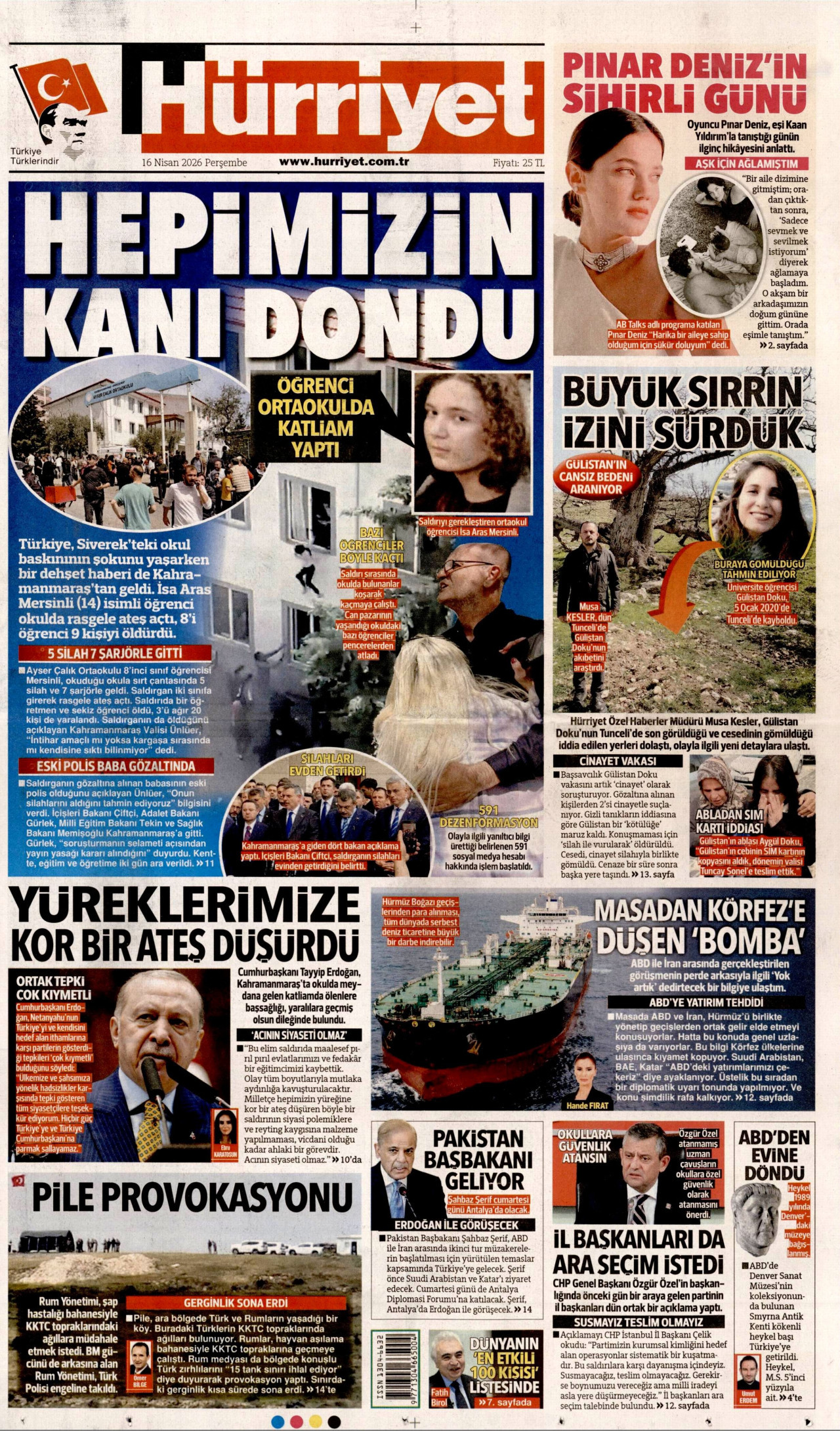 HÜRRİYET gazetesinin 16 Nisan 2026 tarihli birinci sayfası