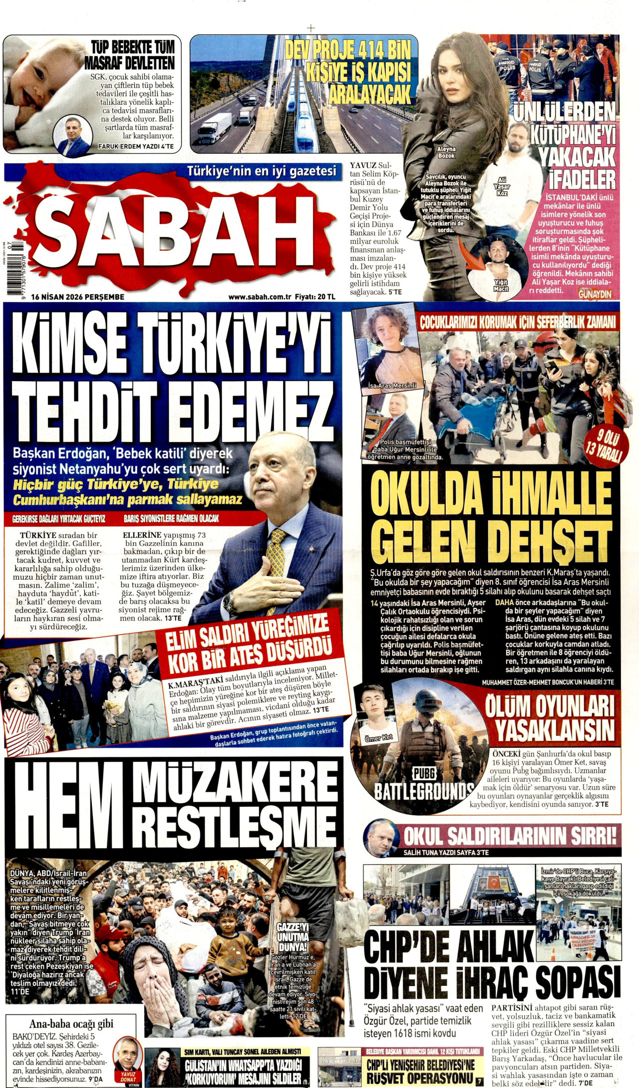 SABAH gazetesinin 16 Nisan 2026 tarihli birinci sayfası