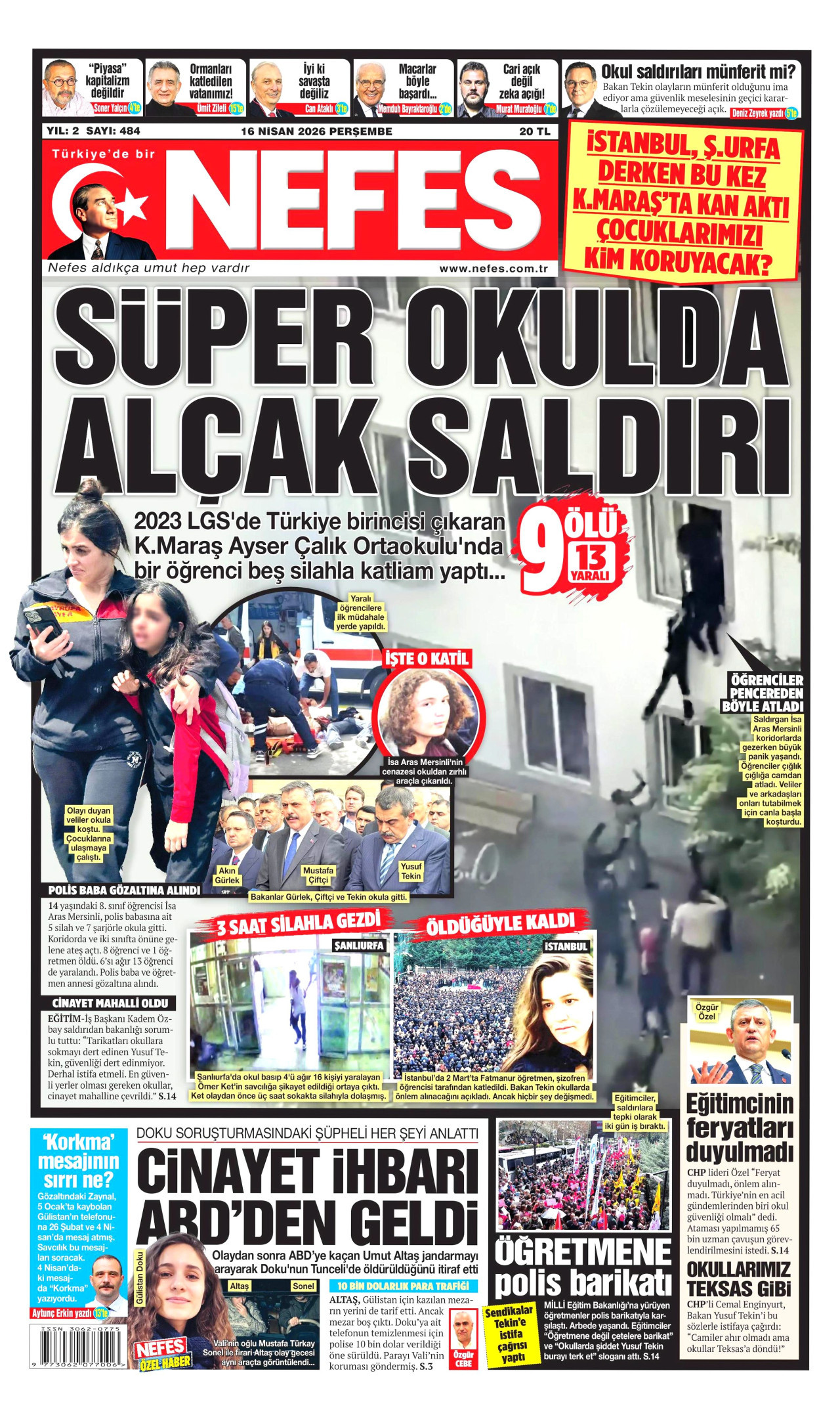NEFES gazetesinin 16 Nisan 2026 tarihli birinci sayfası