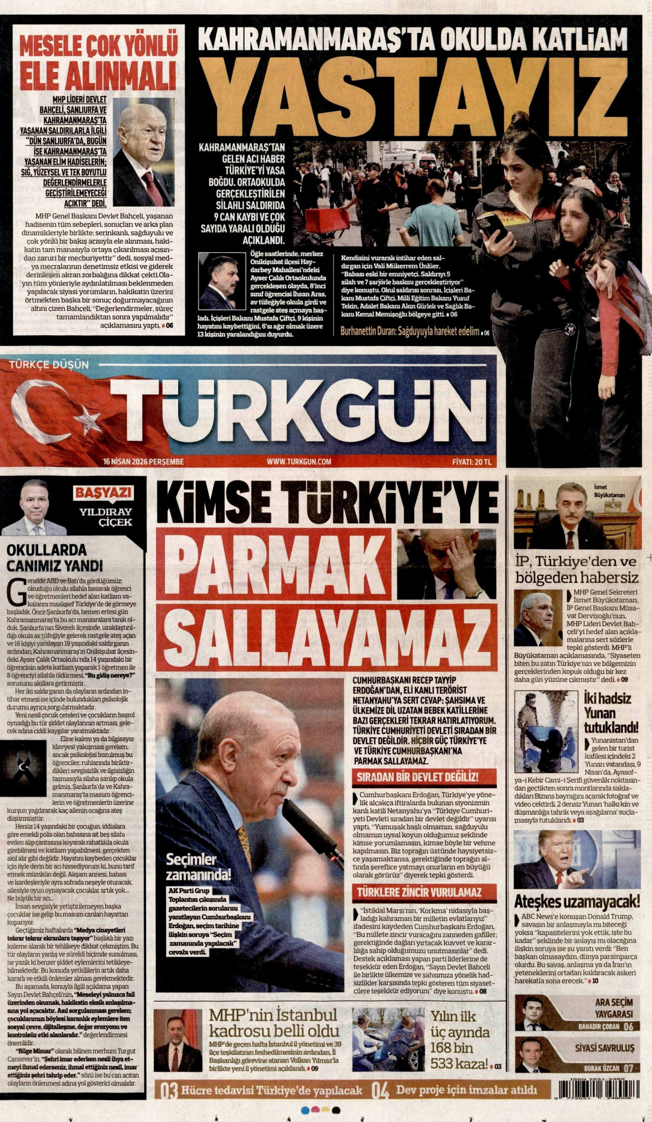 TÜRKGÜN gazetesinin 16 Nisan 2026 tarihli birinci sayfası