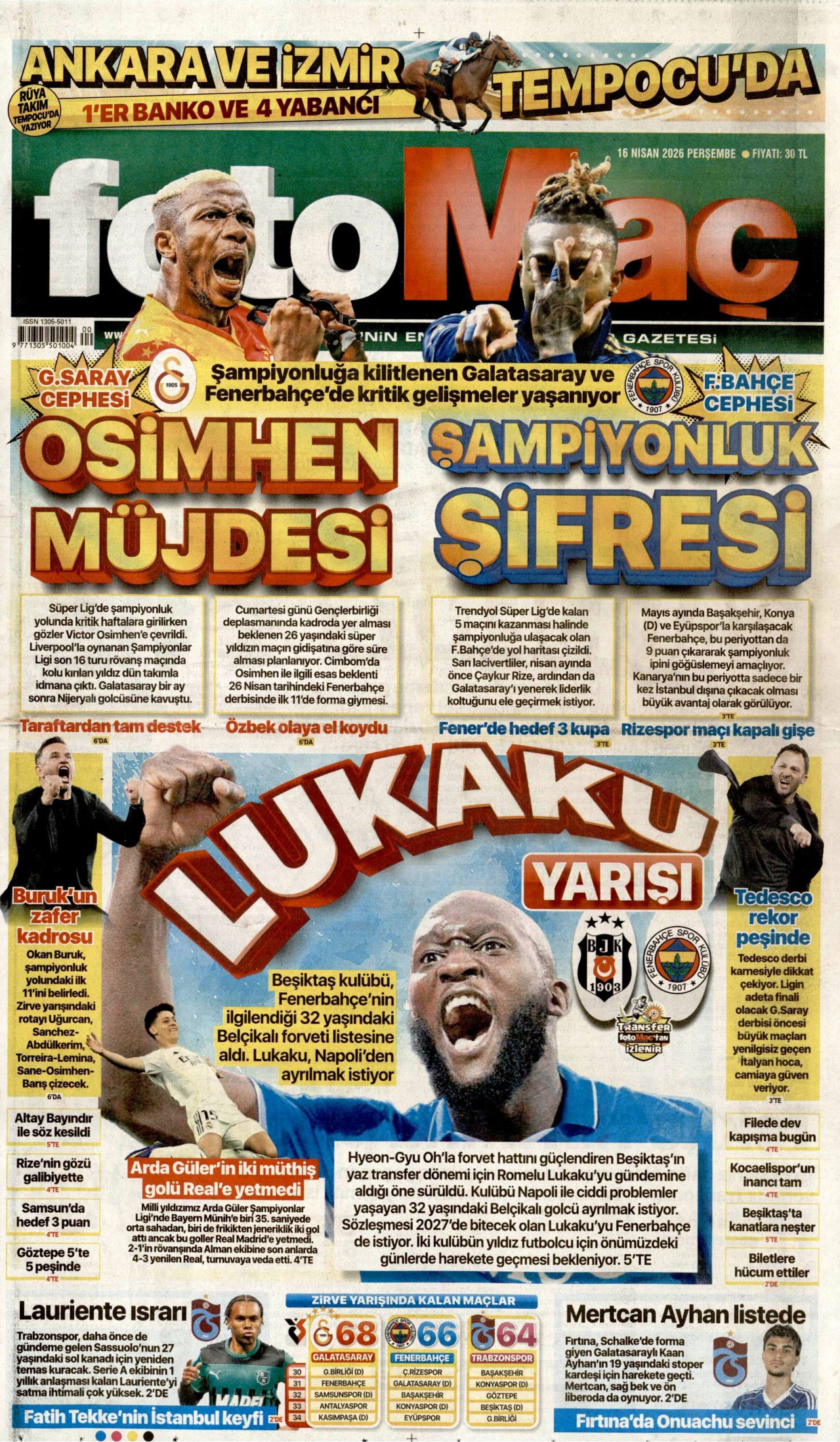 FOTOMAÇ gazetesinin 16 Nisan 2026 tarihli birinci sayfası