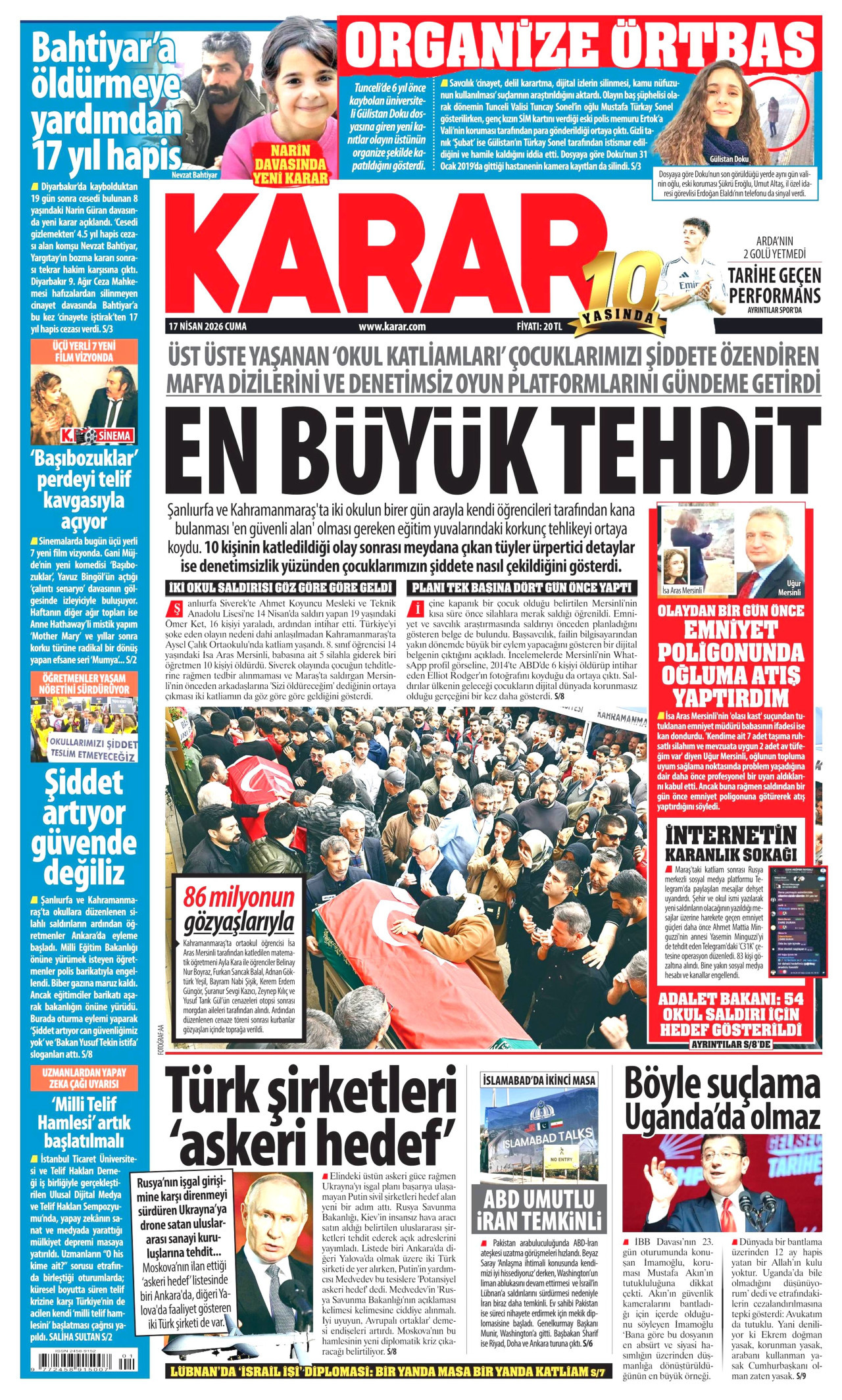 KARAR gazetesinin 17 Nisan 2026 tarihli birinci sayfası
