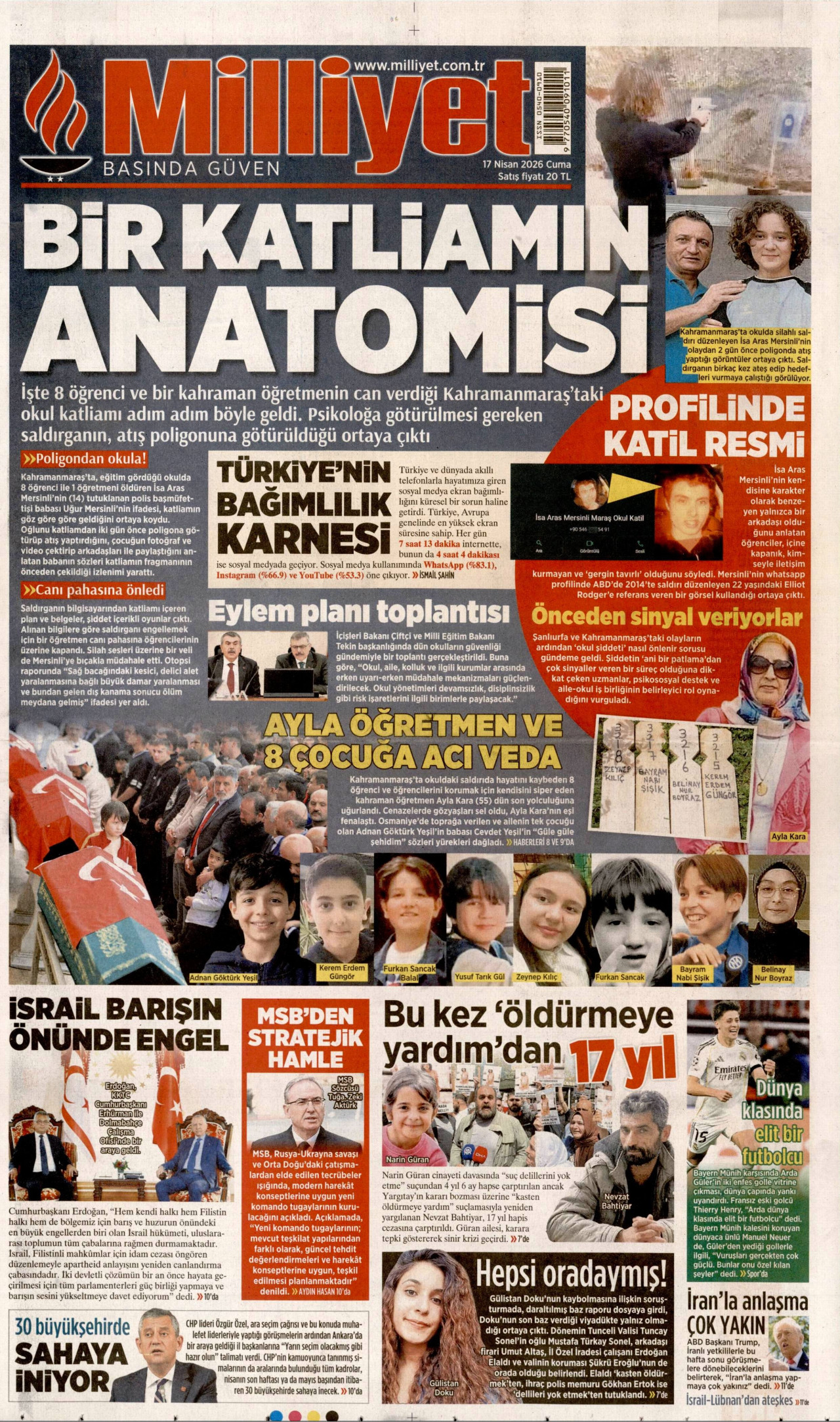 MİLLİYET gazetesinin 17 Nisan 2026 tarihli birinci sayfası
