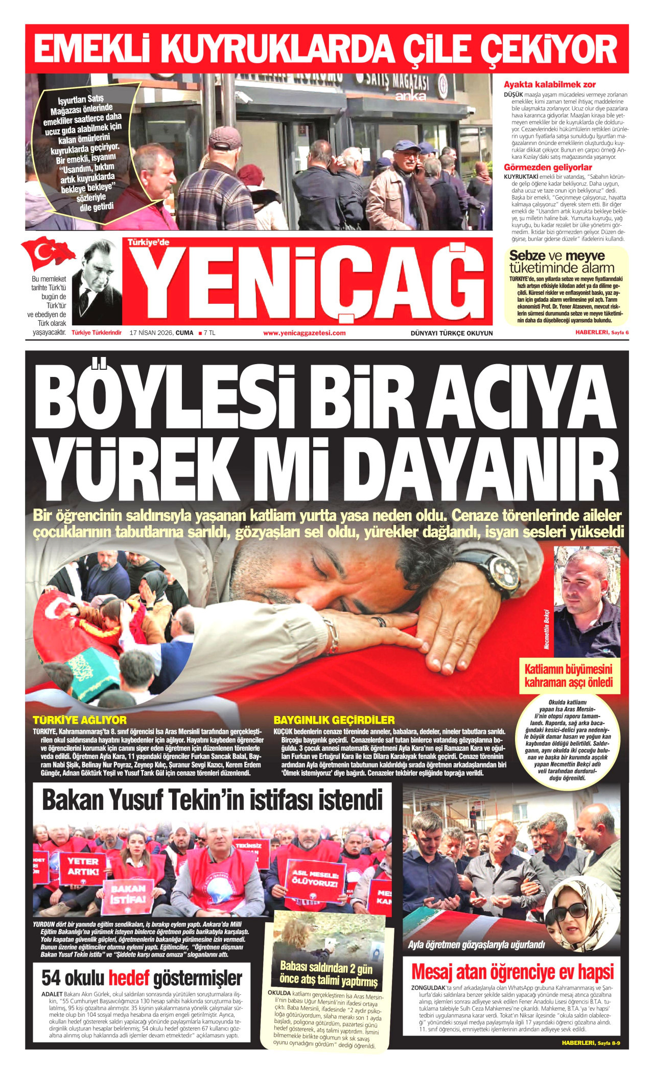 YENİÇAĞ gazetesinin 17 Nisan 2026 tarihli birinci sayfası