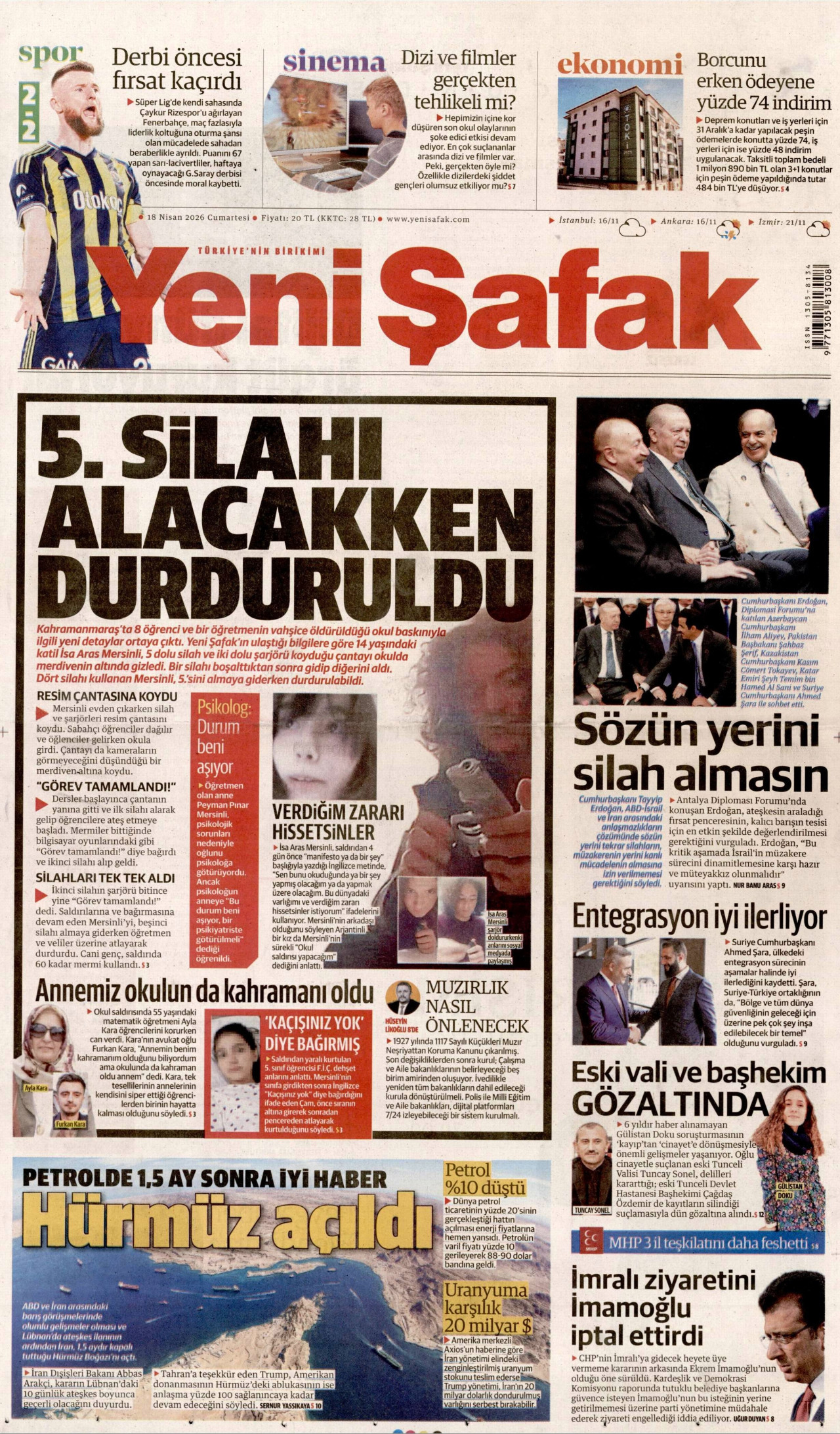 YENİ ŞAFAK gazetesinin 18 Nisan 2026 tarihli birinci sayfası