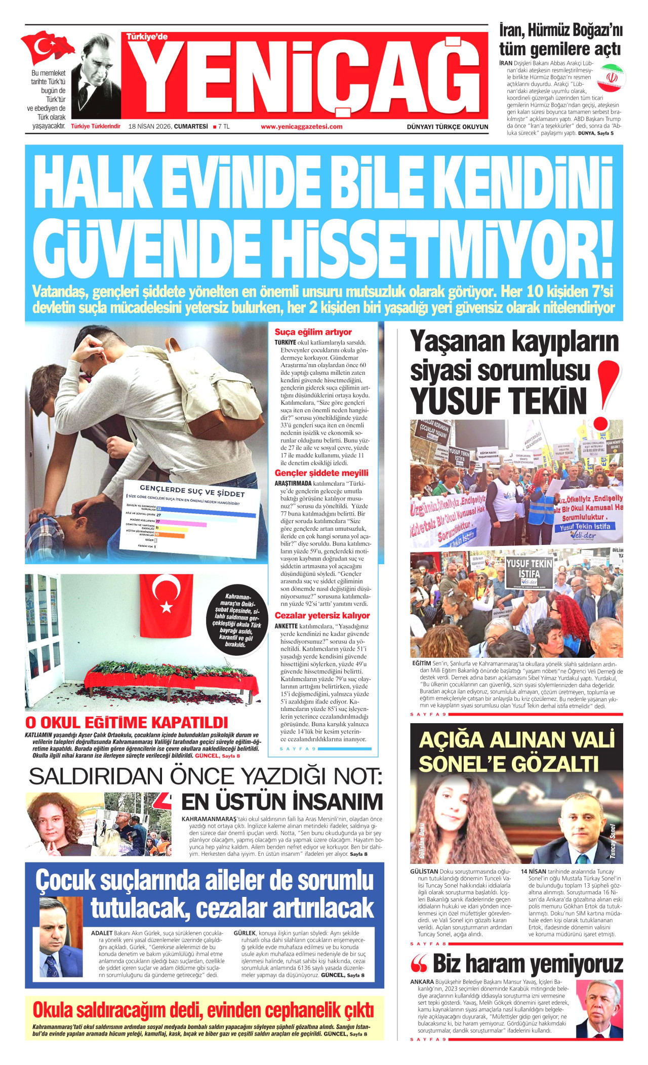 YENİÇAĞ gazetesinin 18 Nisan 2026 tarihli birinci sayfası