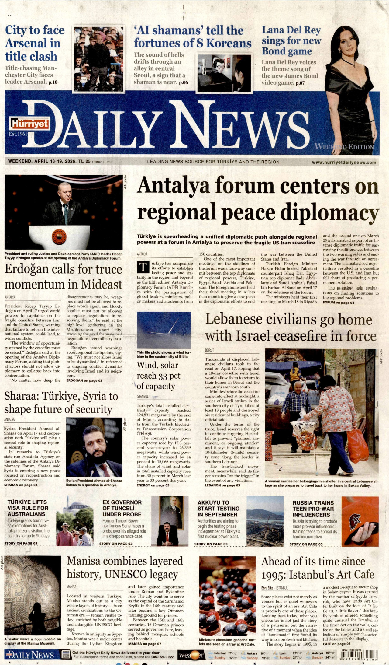 HÜRRİYET DAİLY NEWS gazetesinin 18 Nisan 2026 tarihli birinci sayfası