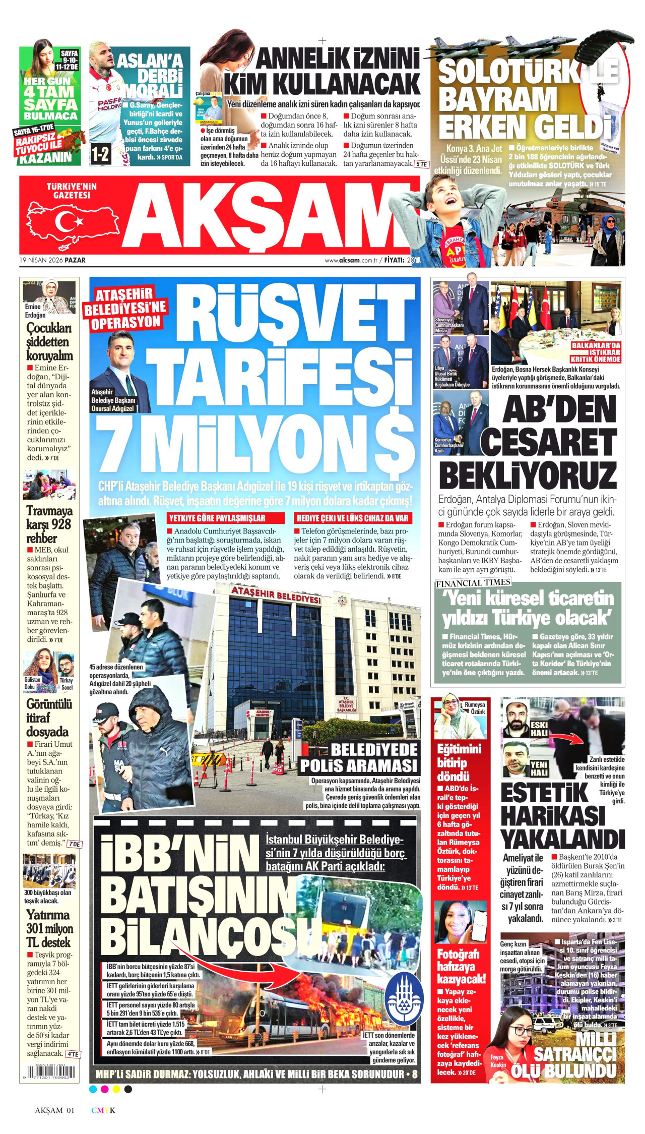 AKŞAM gazetesinin 19 Nisan 2026 tarihli birinci sayfası