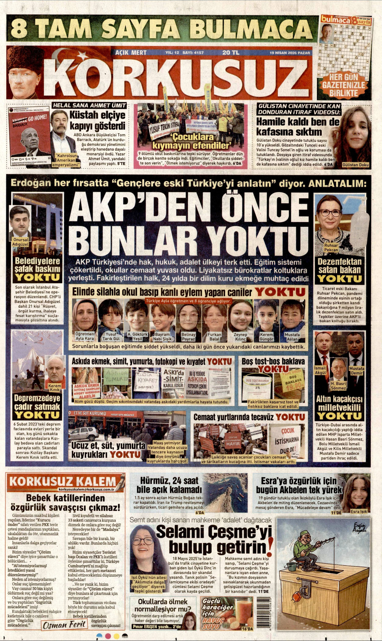 KORKUSUZ gazetesinin 19 Nisan 2026 tarihli birinci sayfası