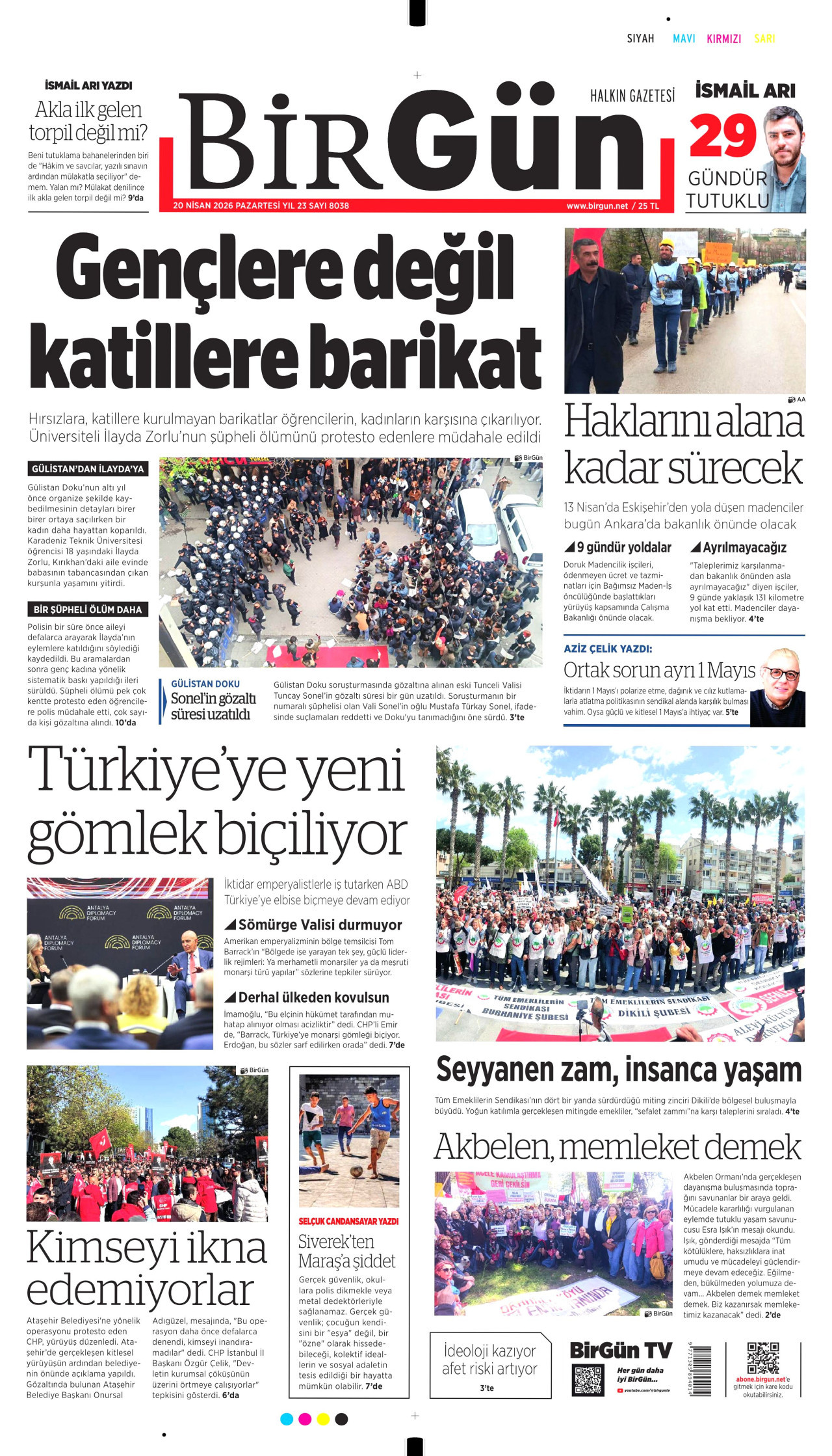 BİRGÜN gazetesinin 20 Nisan 2026 tarihli birinci sayfası
