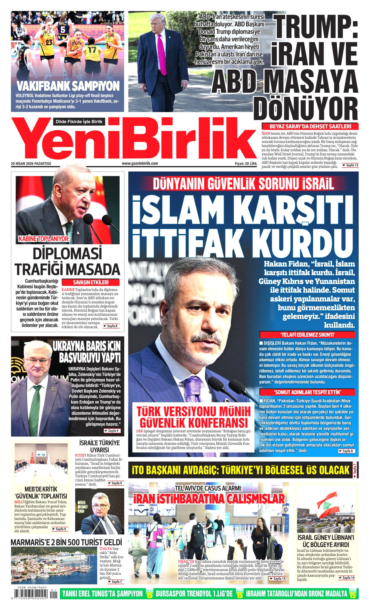YENİBİRLİK gazetesinin 20 Nisan 2026 tarihli birinci sayfası