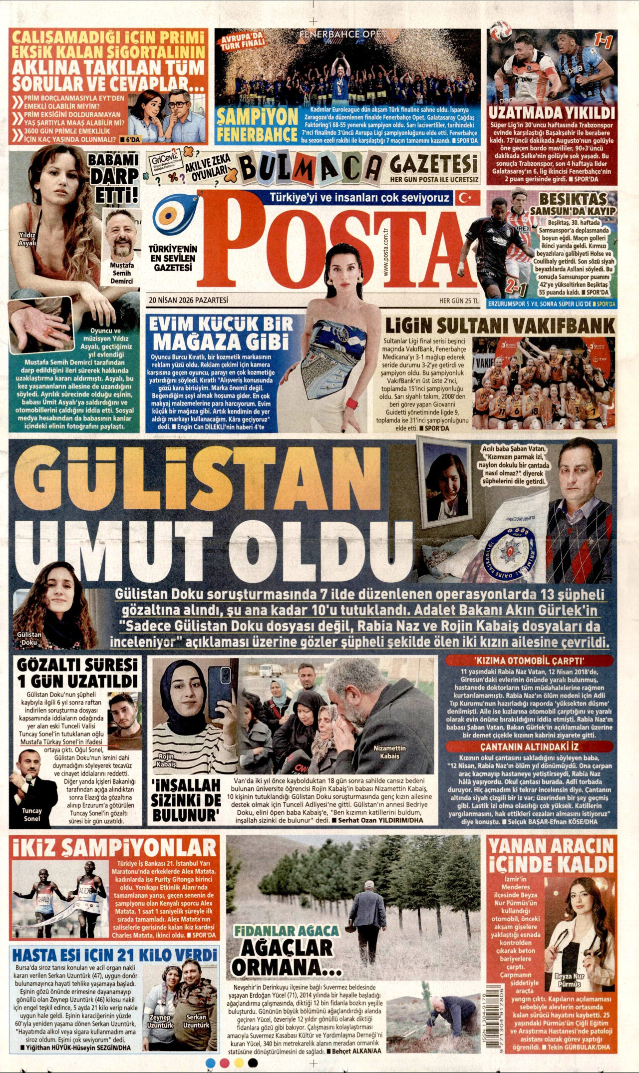 POSTA gazetesinin 20 Nisan 2026 tarihli birinci sayfası