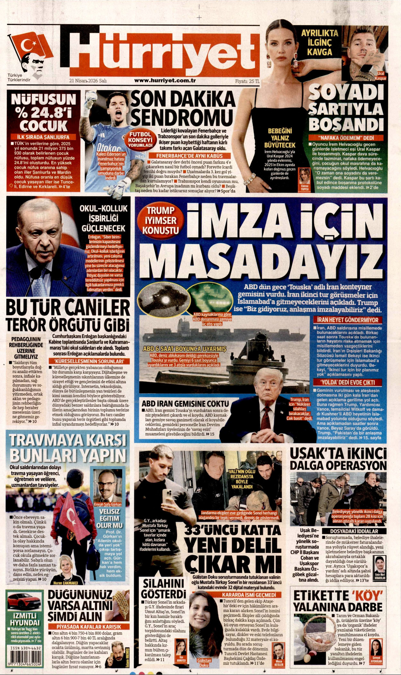 HÜRRİYET gazetesinin 21 Nisan 2026 tarihli birinci sayfası
