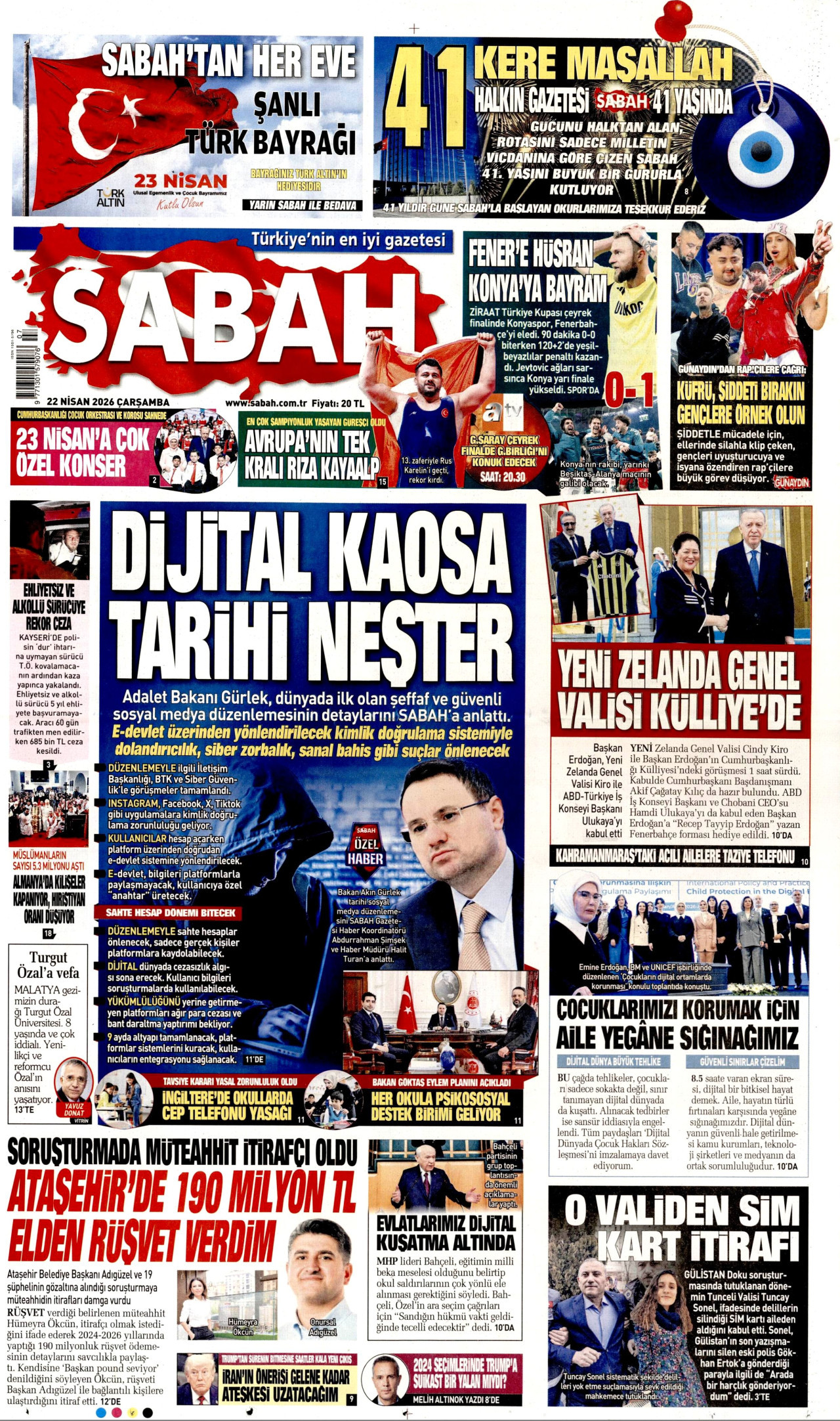 SABAH gazetesinin 22 Nisan 2026 tarihli birinci sayfası