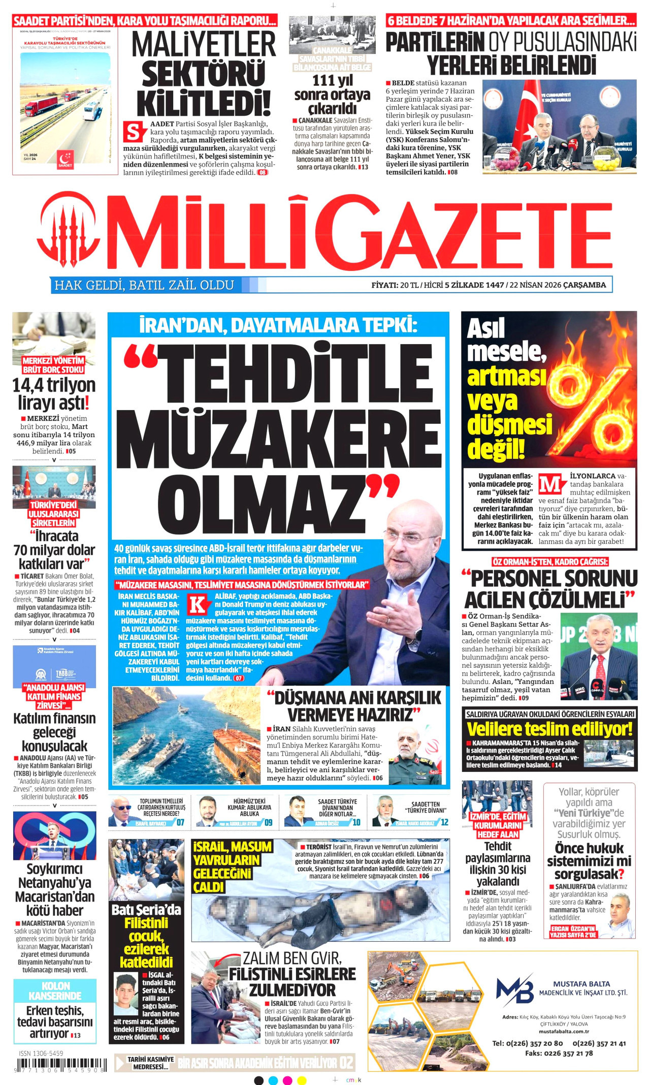 MİLLİ GAZETE gazetesinin 22 Nisan 2026 tarihli birinci sayfası