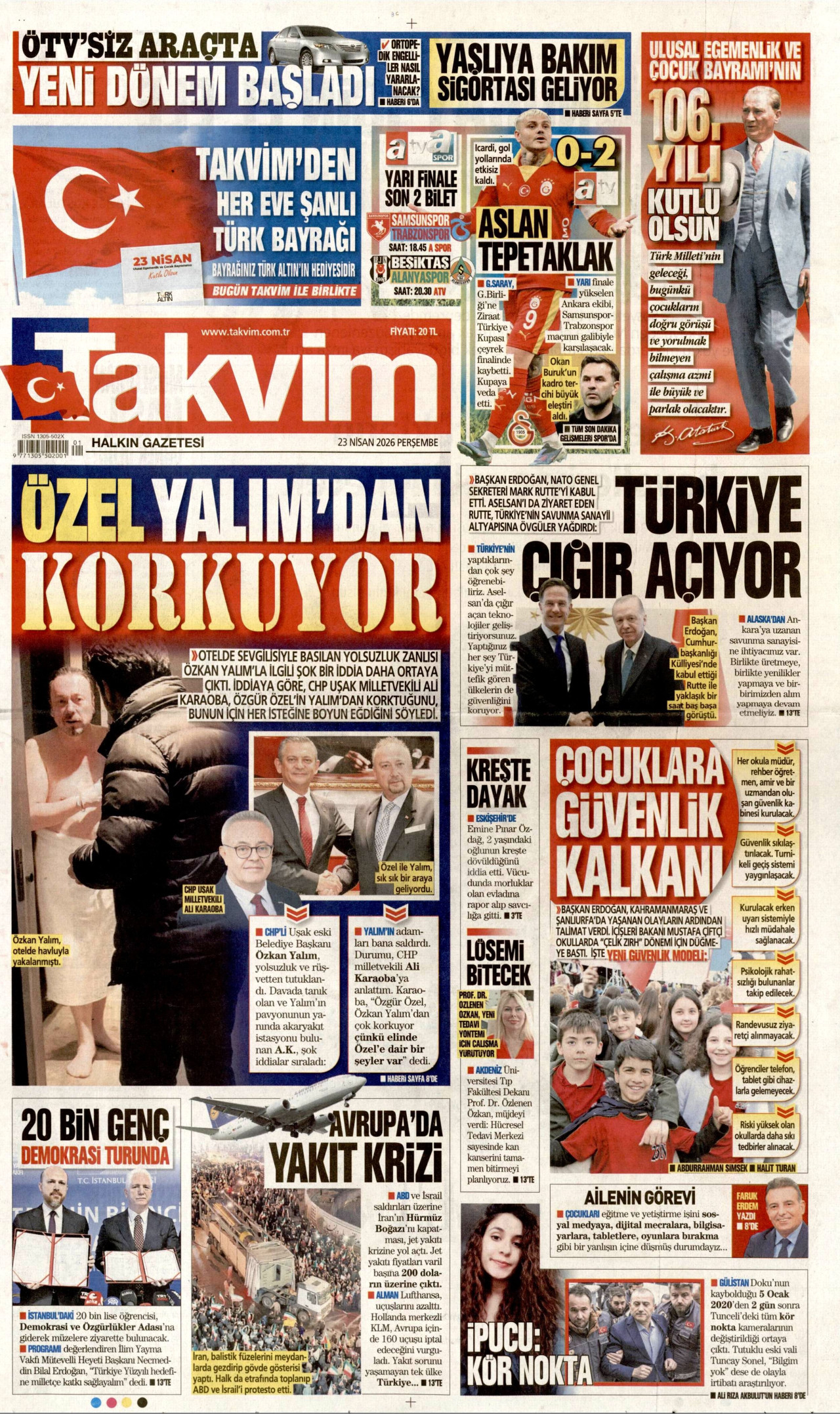 TAKVİM gazetesinin 23 Nisan 2026 tarihli birinci sayfası