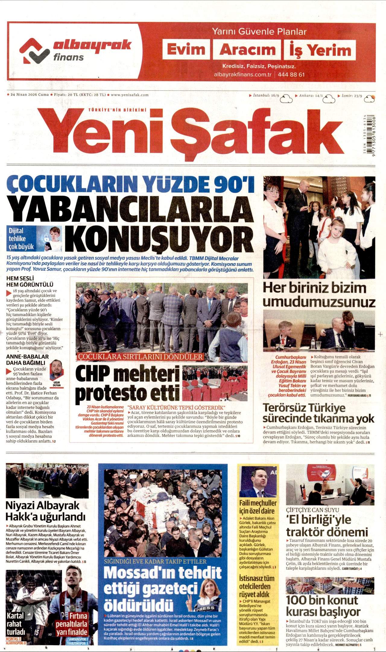 YENİ ŞAFAK gazetesinin 24 Nisan 2026 tarihli birinci sayfası