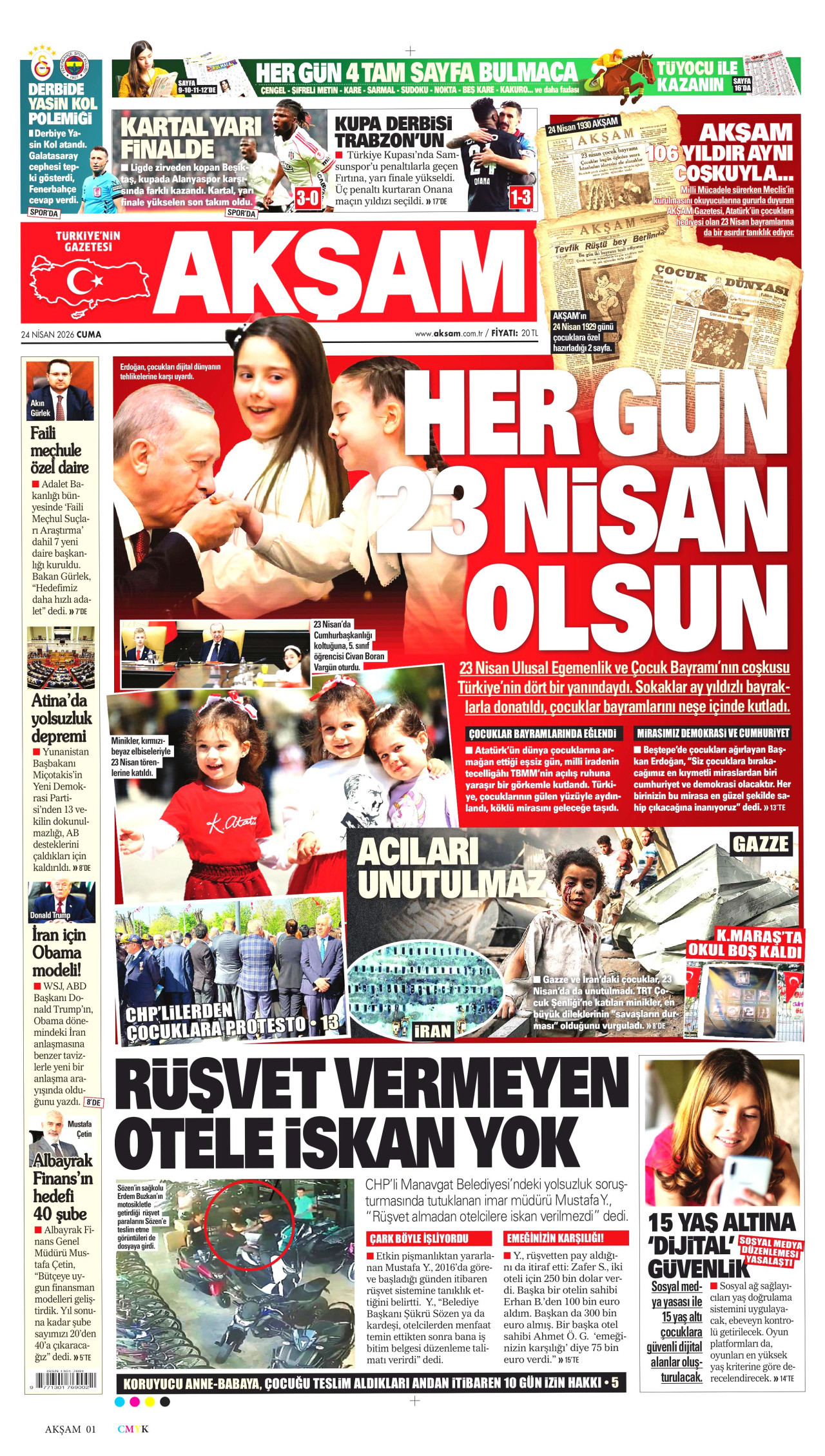 AKŞAM gazetesinin 24 Nisan 2026 tarihli birinci sayfası