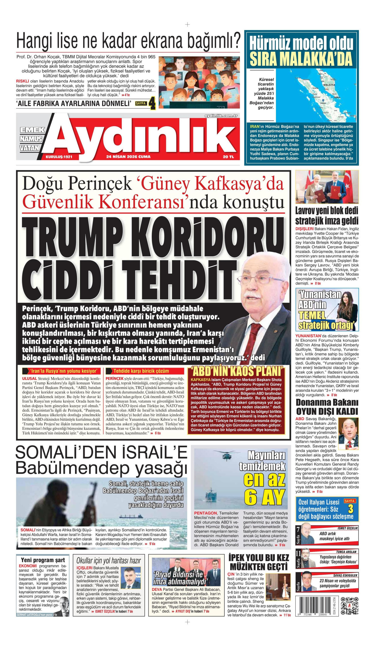 AYDINLIK GAZETESİ gazetesinin 24 Nisan 2026 tarihli birinci sayfası